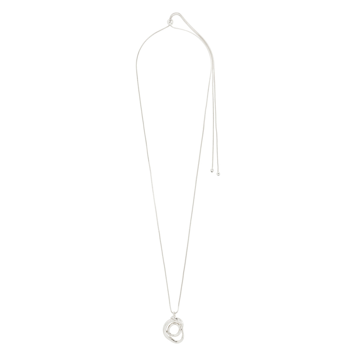 Silver-plated DIEGO necklace with a twisted doodle pendant, 80 cm length, adjustable slide lock, crafted from 99% recycled materials, offering an artsy twist to any outfit.