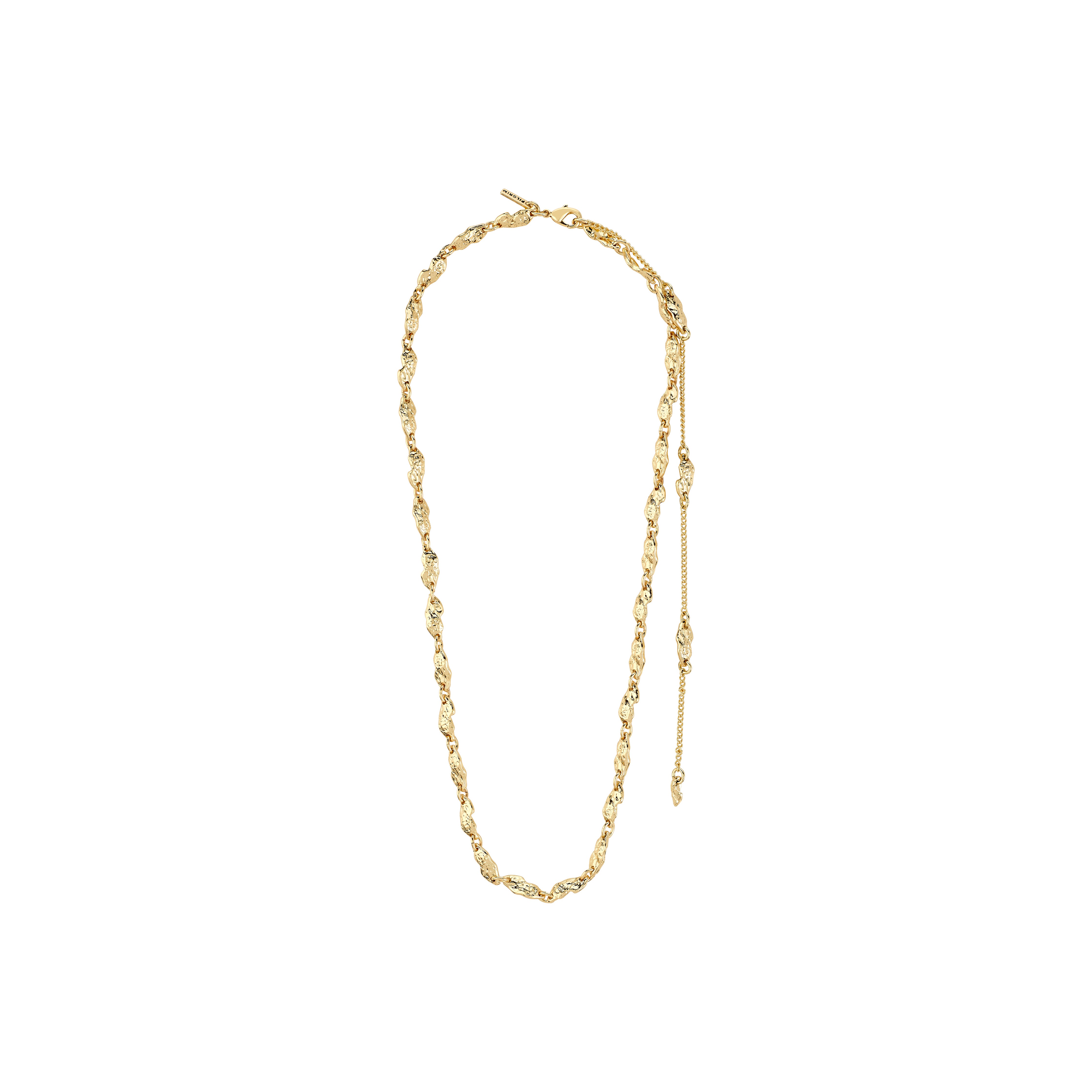 ELIYAH necklace gold-plated with textured nature-inspired links and adjustable clasp, laid on white background, reflecting Pilgrim's blend of timeless and trendy style.