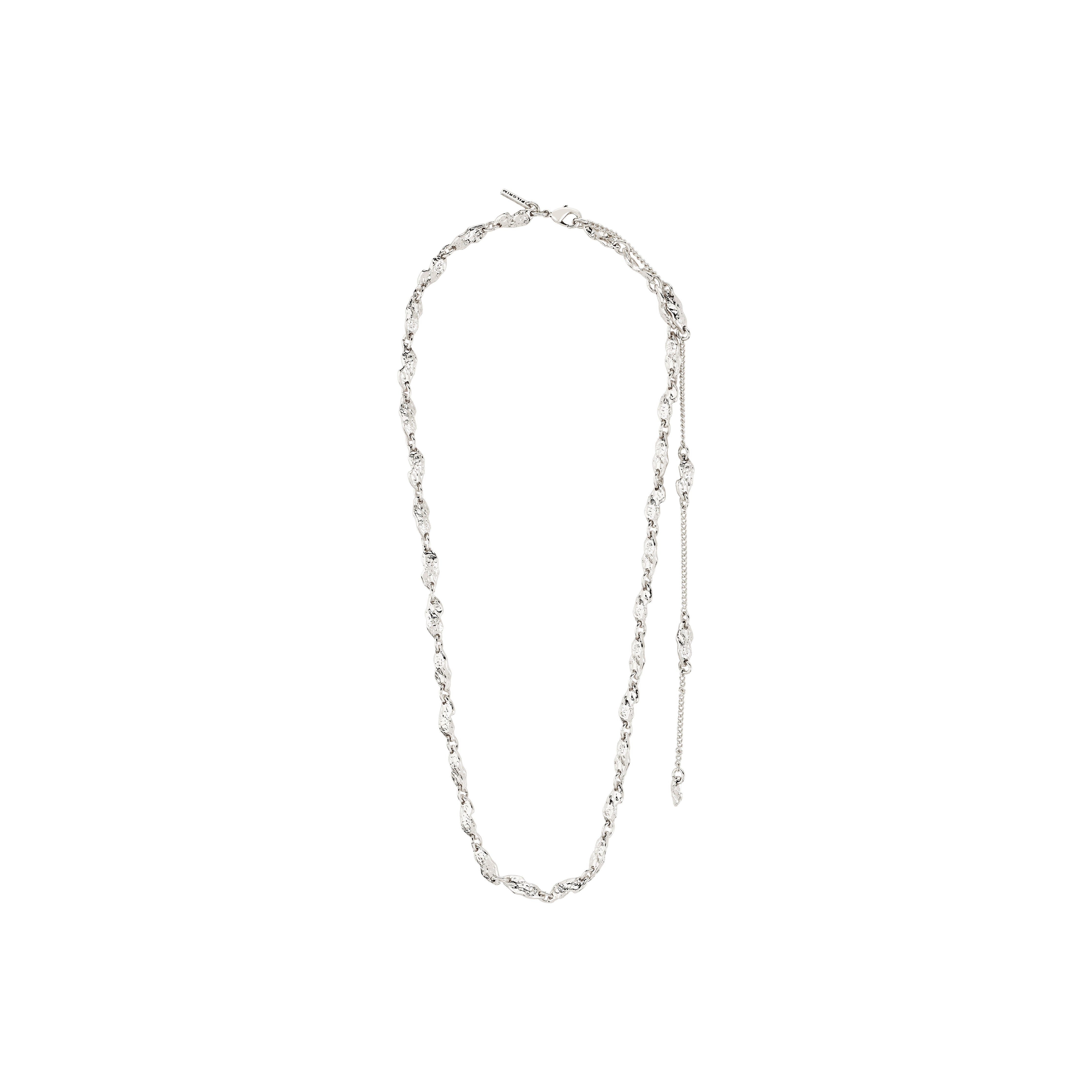 ELIYAH necklace silver-plated with textured, organically shaped links, adjustable lobster clasp, and extender chain, embodying sleek, nature-inspired elegance.