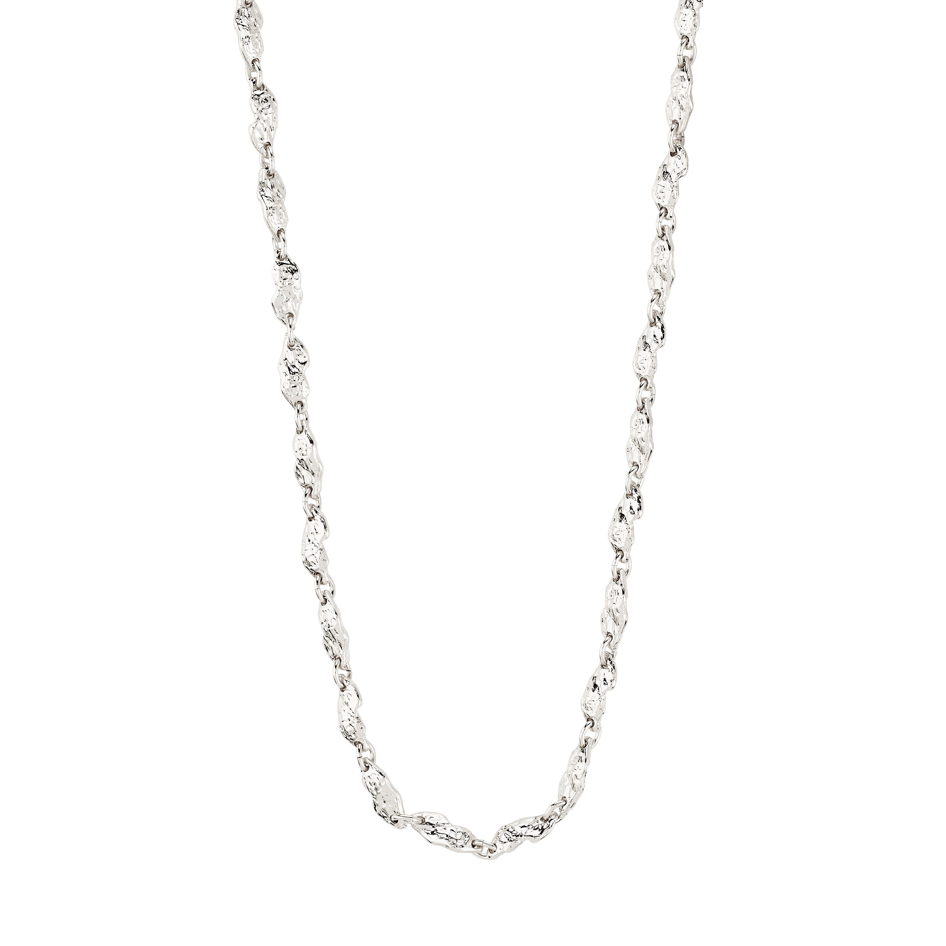 ELIYAH necklace silver-plated with hammered, irregular links, showcasing a sleek, textured design for a modern, nature-inspired look. Adjustable length for versatile styling.