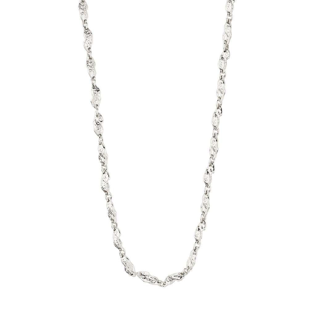ELIYAH necklace silver-plated with hammered, irregular links, showcasing a sleek, textured design for a modern, nature-inspired look. Adjustable length for versatile styling.