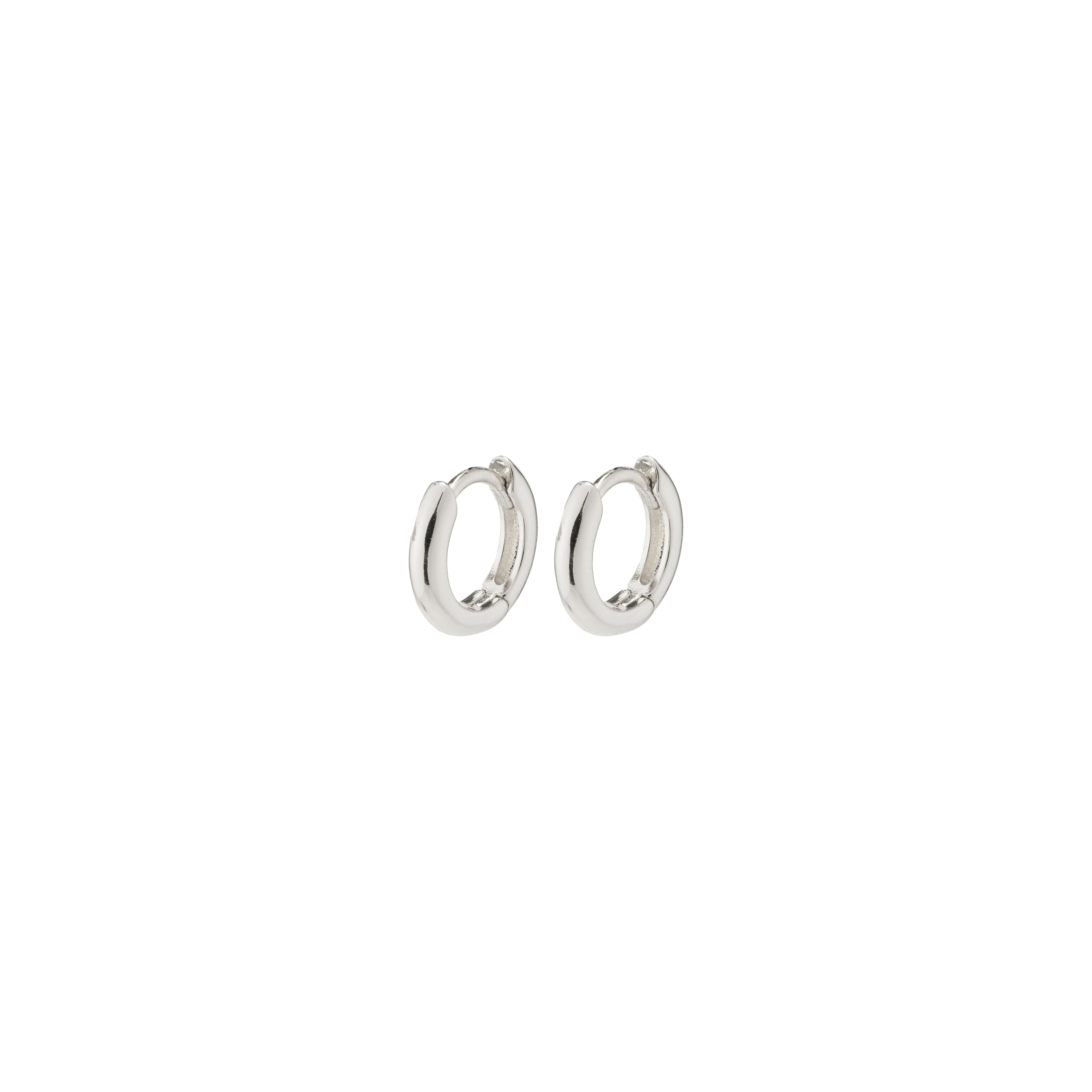 TYRA chunky mini hoop earrings, silver-plated, small and stylish, part of Pilgrim's eco-friendly recycled collection, perfect for adding shine to everyday outfits.