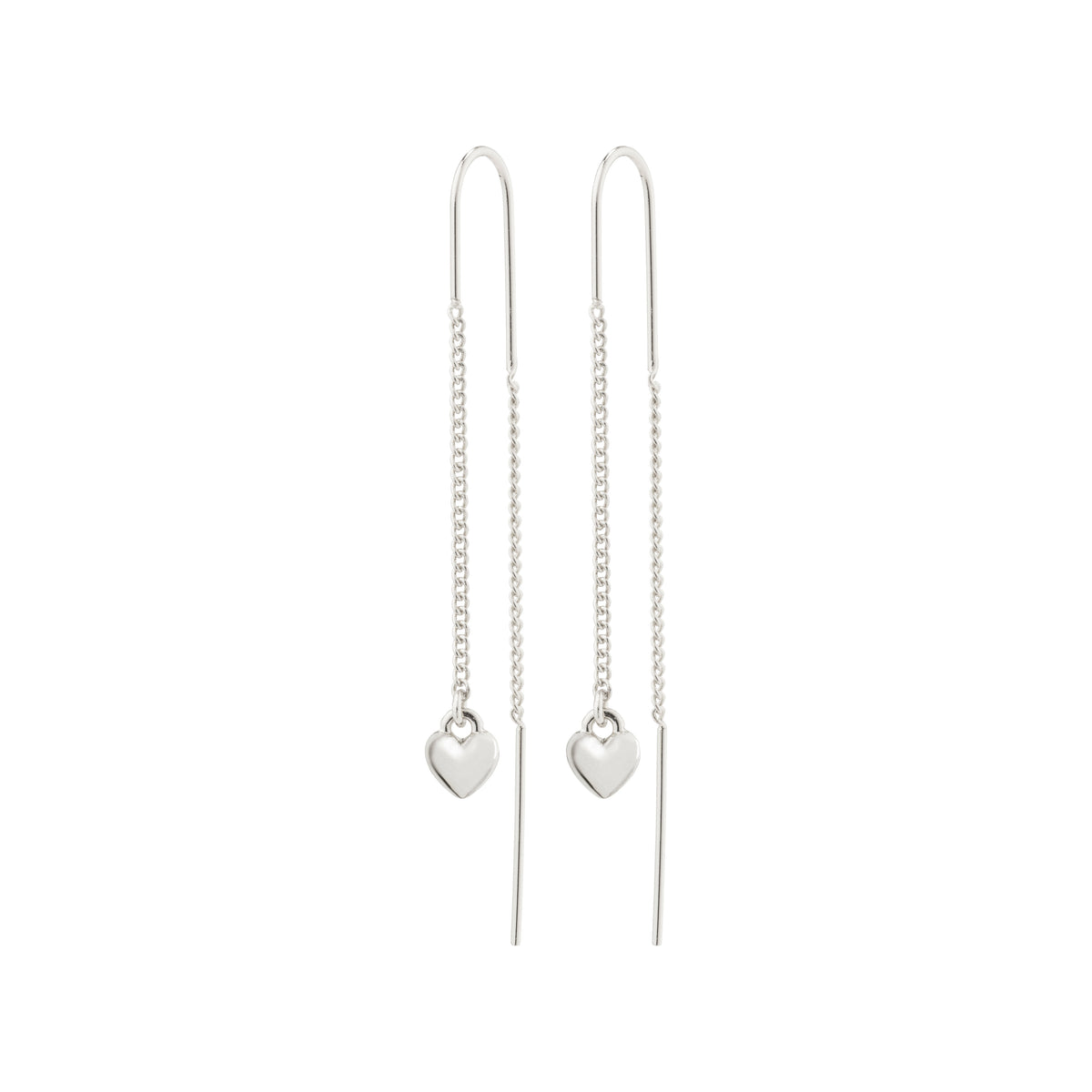 AFRODITTE heart chain-earrings, silver-plated, featuring silver heart pendants and elegant chains. Crafted from 99% recycled material, these earrings exude simplicity and love.