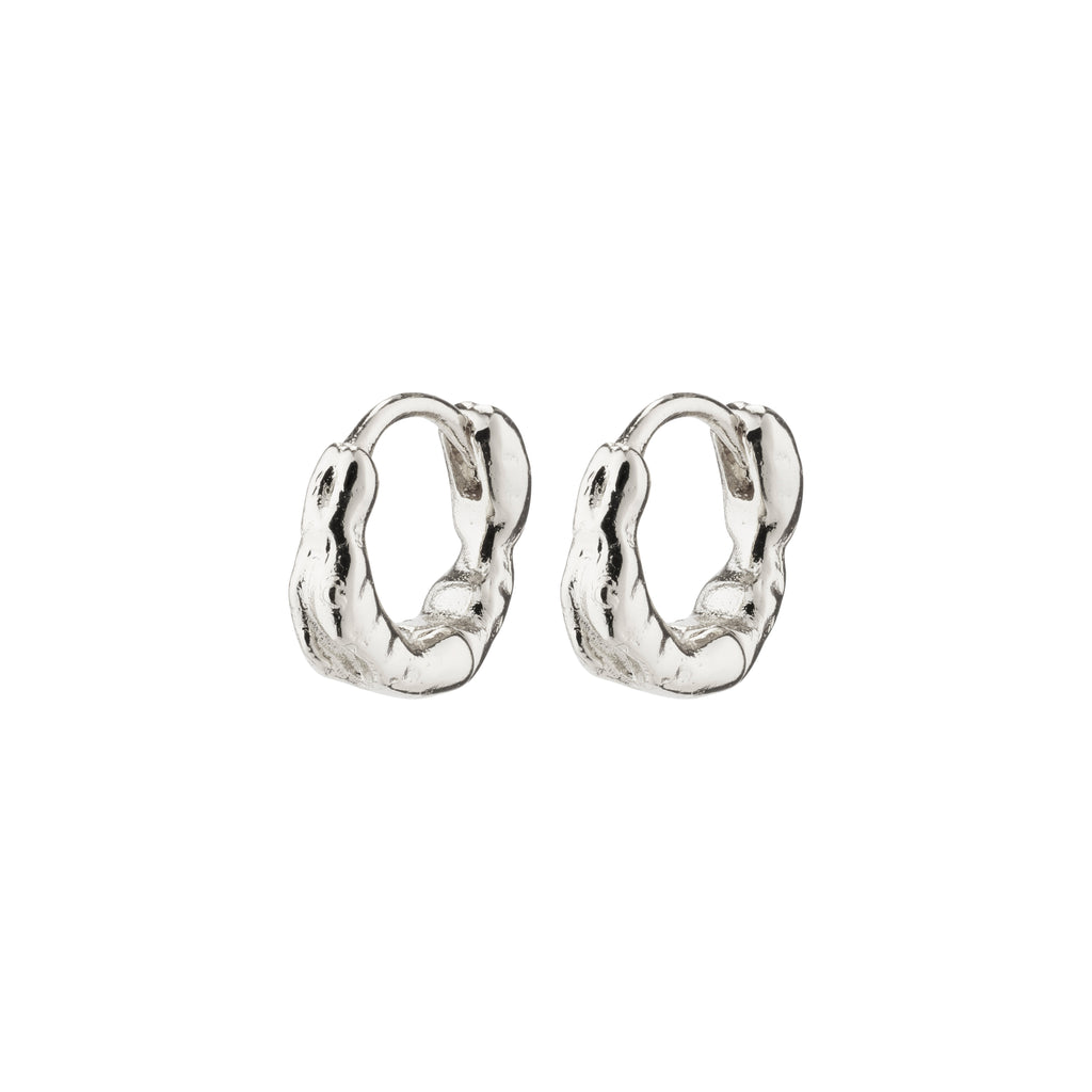 EDDY organic shaped mini huggie hoops, silver-plated with a twisting, organic surface resembling water in motion, from Pilgrim's handcrafted Eddy collection.