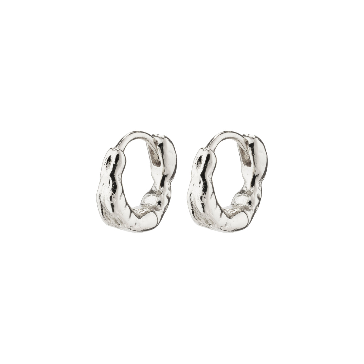 EDDY organic shaped mini huggie hoops, silver-plated with a twisting, organic surface resembling water in motion, from Pilgrim's handcrafted Eddy collection.