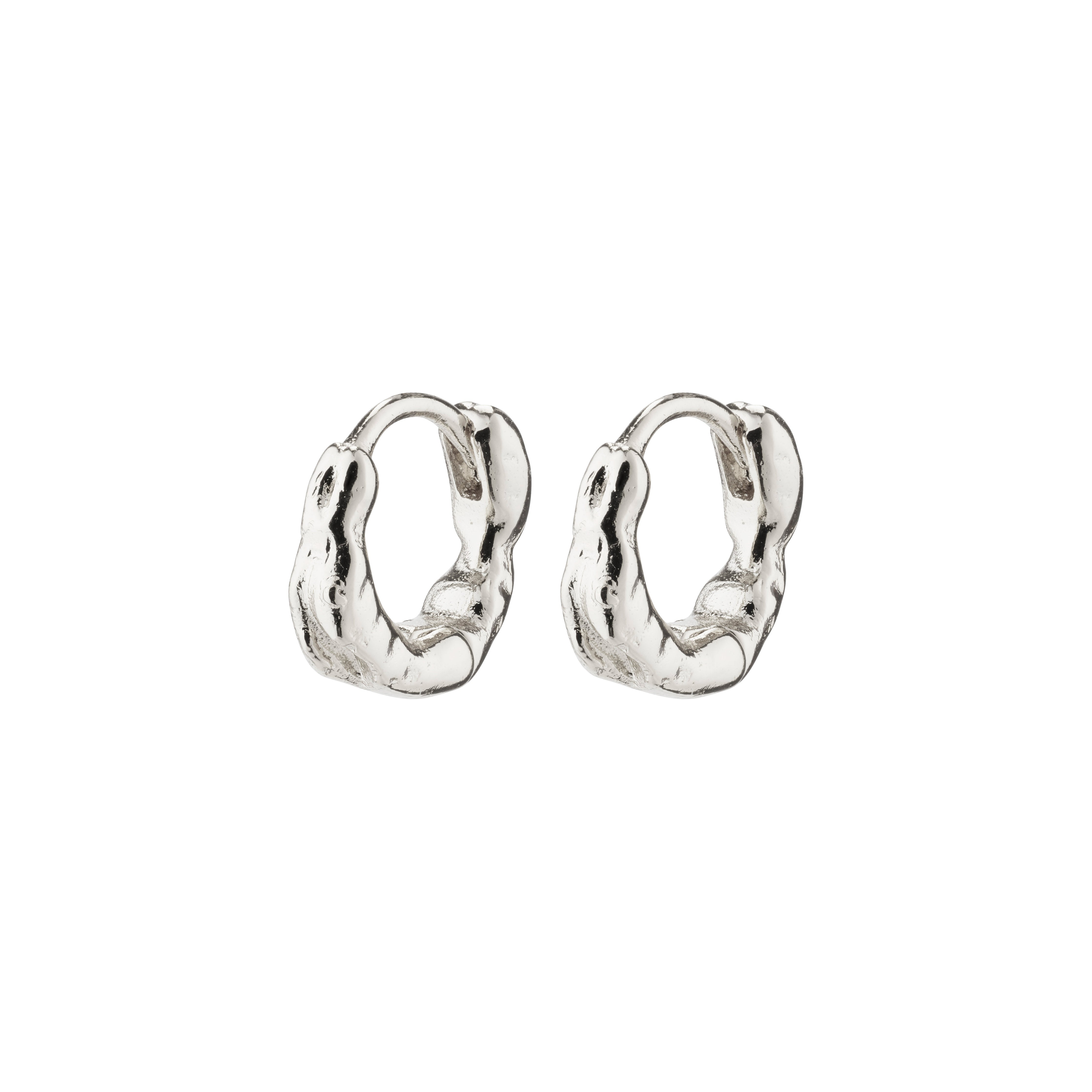 EDDY organic shaped mini huggie hoops, silver-plated with a twisting, organic surface resembling water in motion, from Pilgrim's handcrafted Eddy collection.