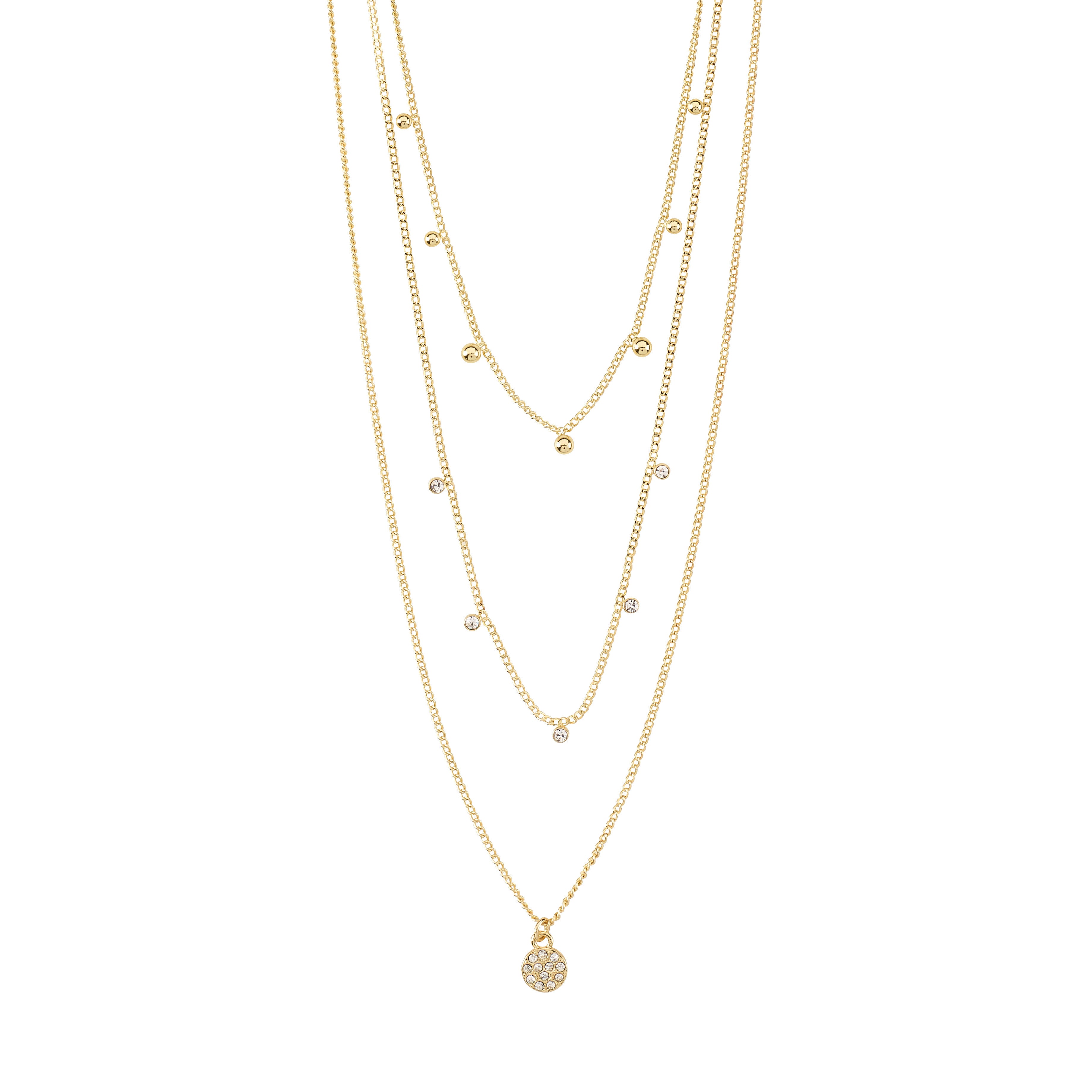 CHAYENNE crystal necklace, gold-plated, features layered slim chains with Preciosa crystals, 38 cm + 9 cm extension, crafted from 92% recycled materials.