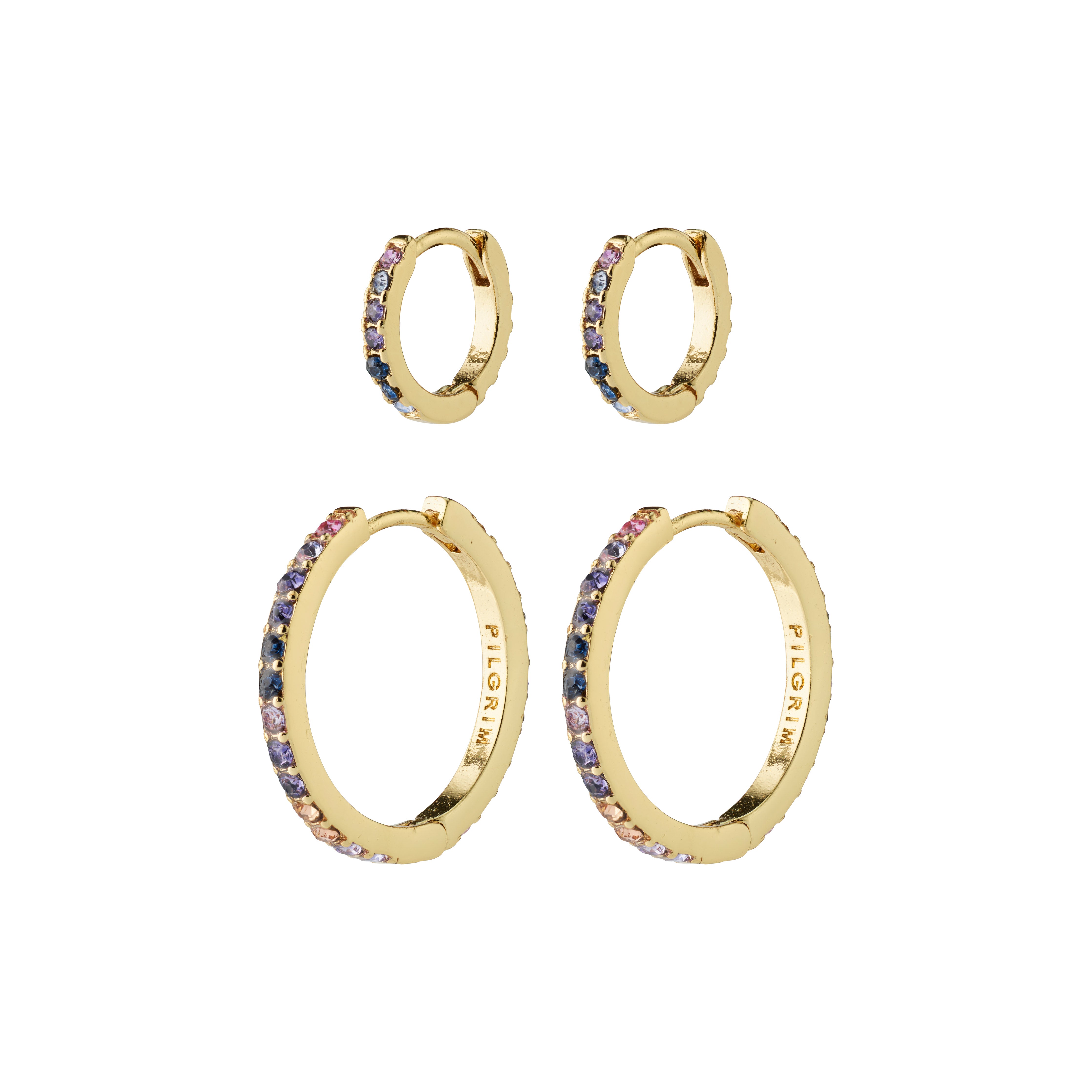 Gold-plated REIGN hoops, a 2-in-one set from Pilgrim, featuring angular design with blue and champagne Preciosa crystals, perfect for both basic and glam occasions.