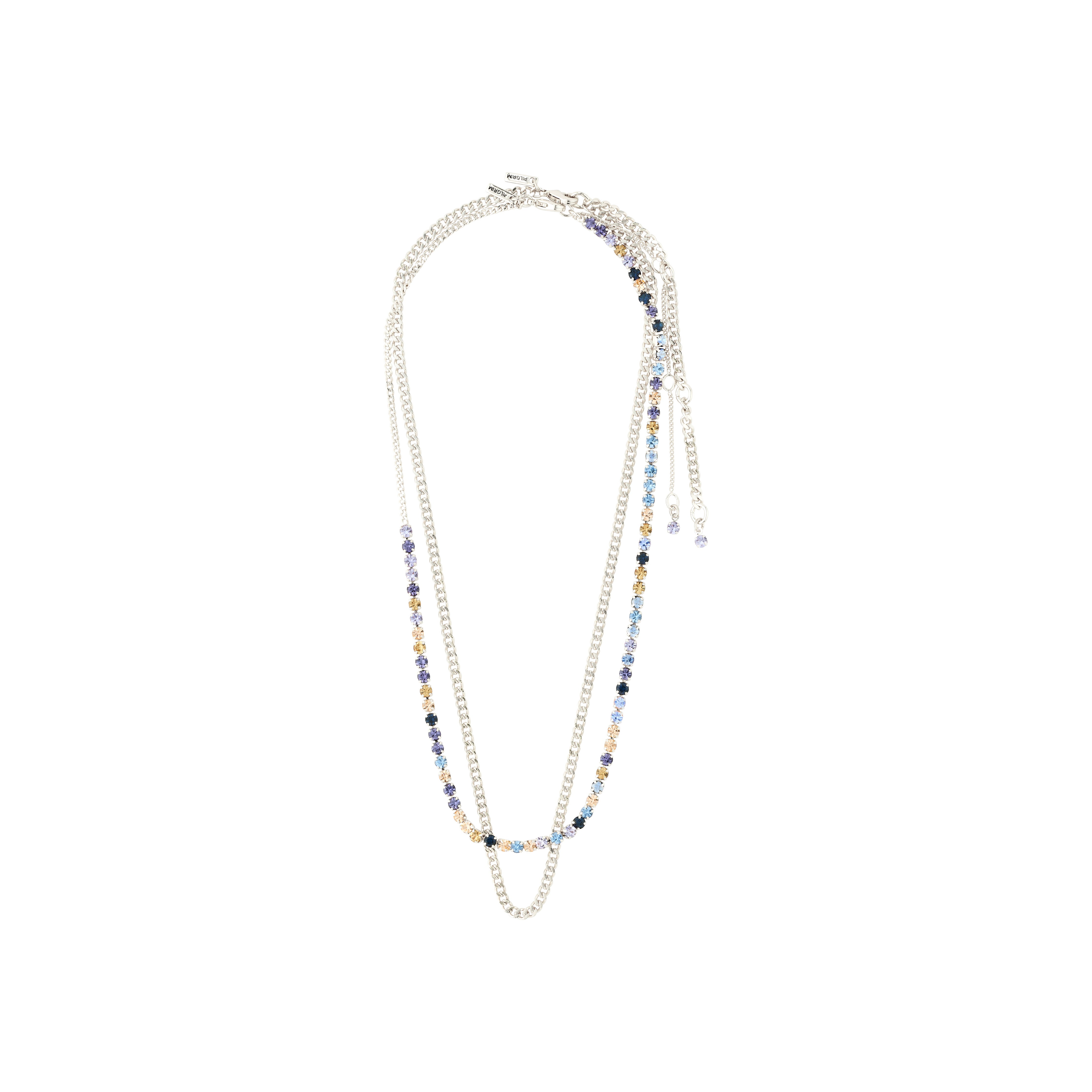 REIGN 2-in-1 silver-plated necklace set with blue and champagne Preciosa crystals, featuring adjustable lengths for versatile styling.