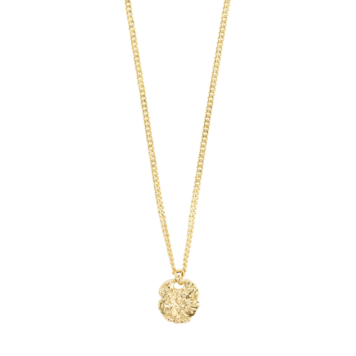 SCOTTIE coin necklace gold-plated with a textured round pendant on a slender gold chain, highlighting a stylish, genderless design from Pilgrim.