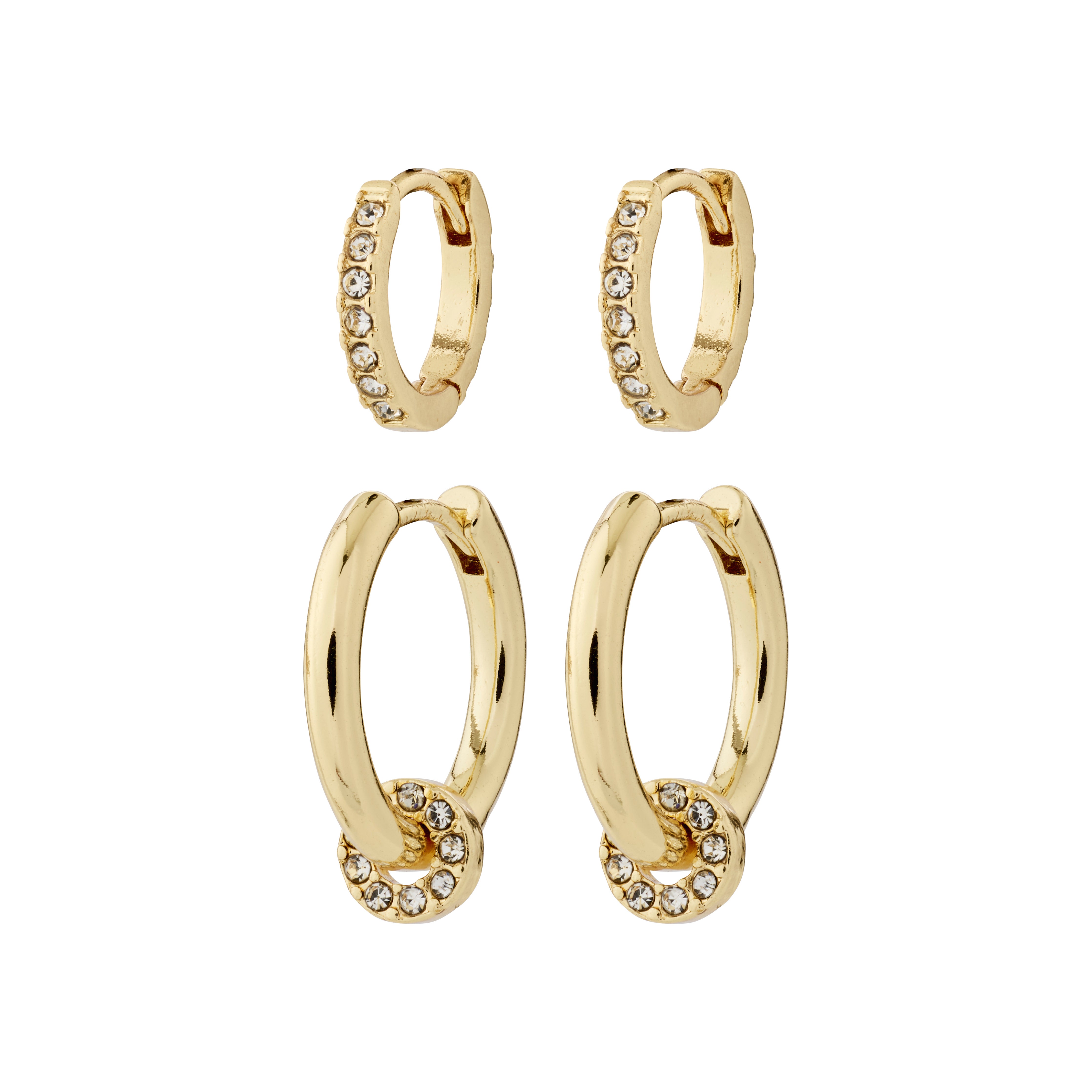 SCOTTIE earrings 2-in-1 set gold-plated, featuring classic and huggie hoops adorned with Preciosa crystals, offering versatile elegance with removable crystal pendants.