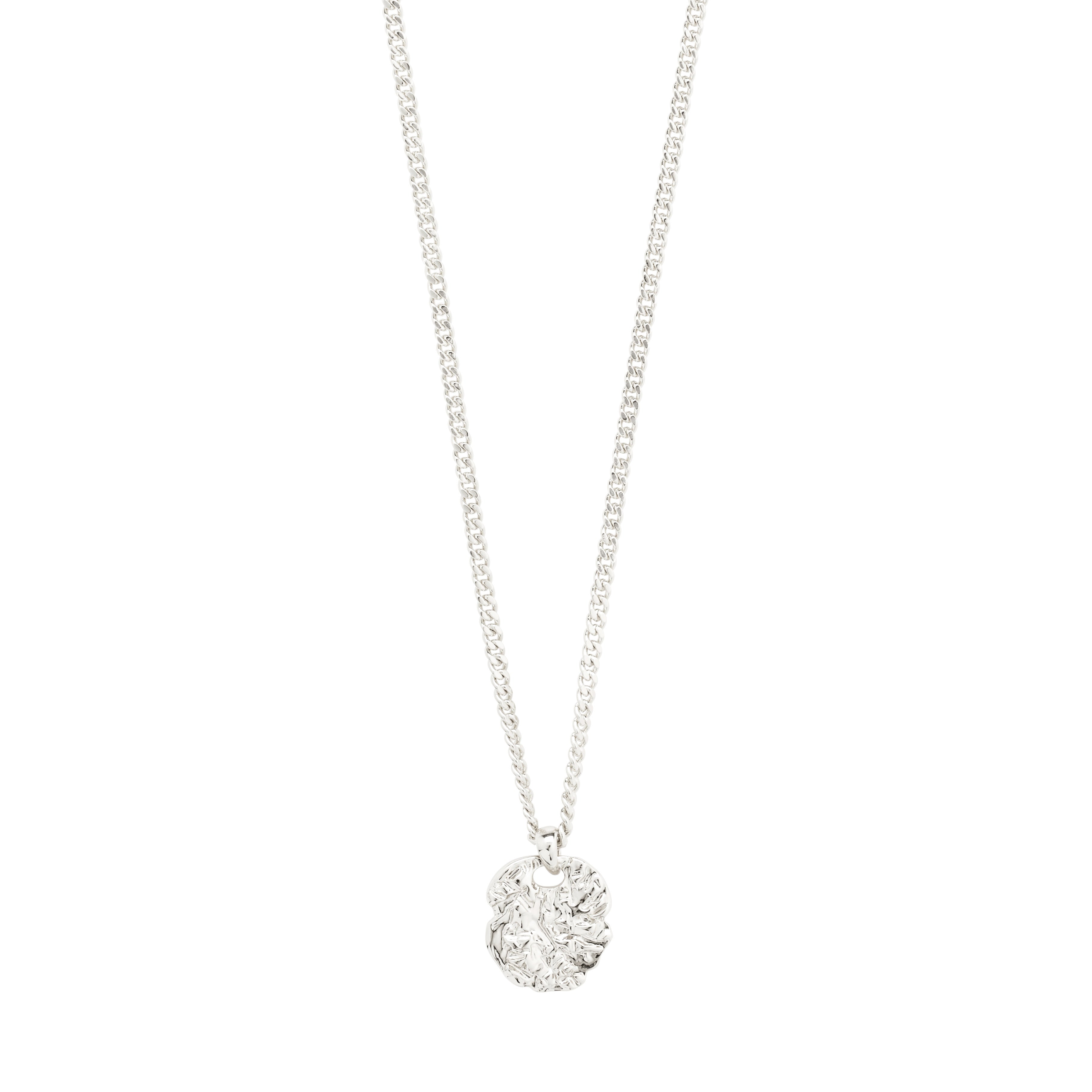 SCOTTIE coin necklace silver-plated features a rustic coin pendant on a sleek silver chain, crafted from 97% recycled material, ideal for layered styling.