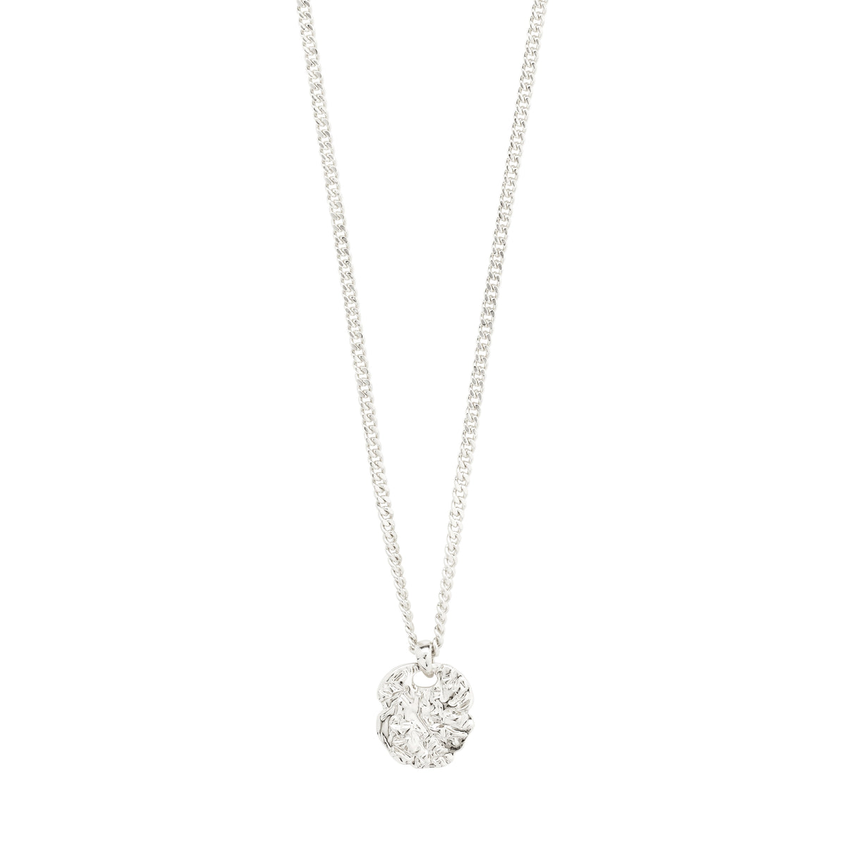SCOTTIE coin necklace silver-plated features a rustic coin pendant on a sleek silver chain, crafted from 97% recycled material, ideal for layered styling.