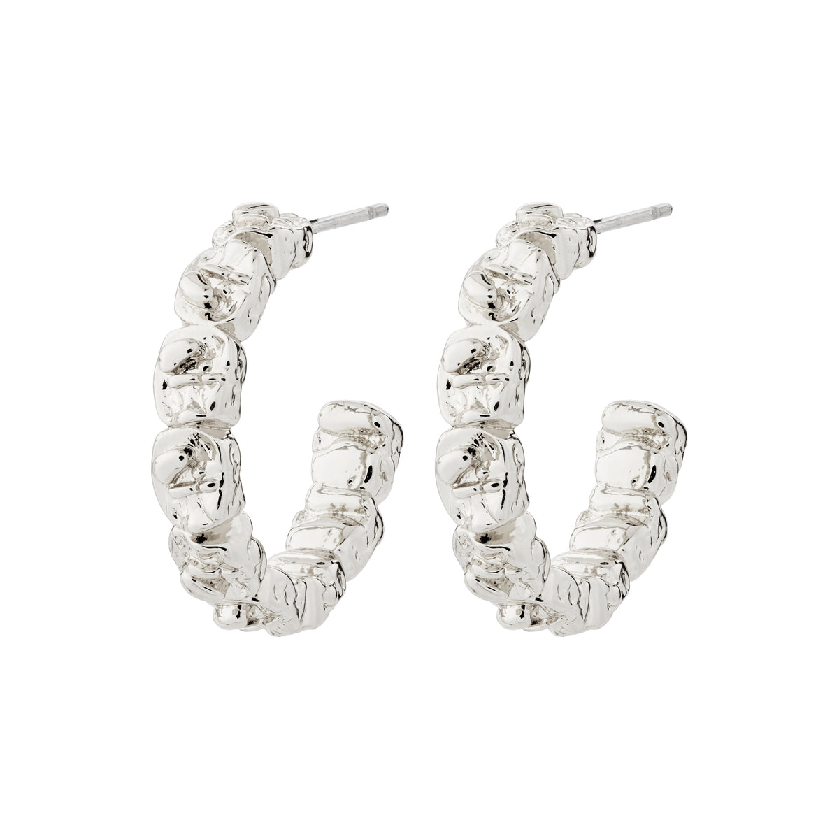 SCOTTIE silver-plated semi-hoop earrings by Pilgrim, featuring rustic cube design for a unique, handcrafted look. Crafted from 97% recycled material.