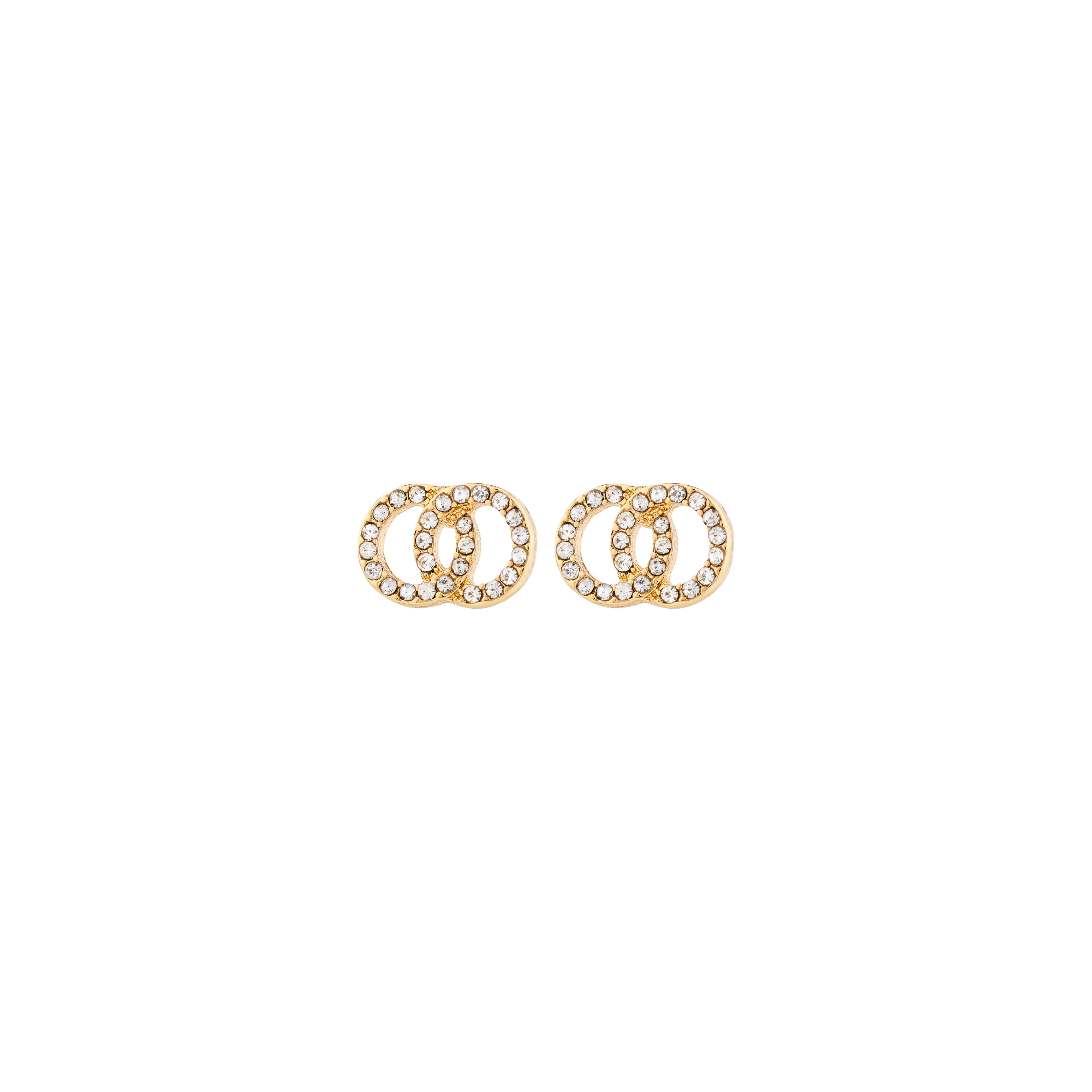 JOLINA recycled earrings, gold-plated, featuring two intertwined halos adorned with sparkling Preciosa crystals, highlighting Pilgrim's commitment to sustainable, stylish design.