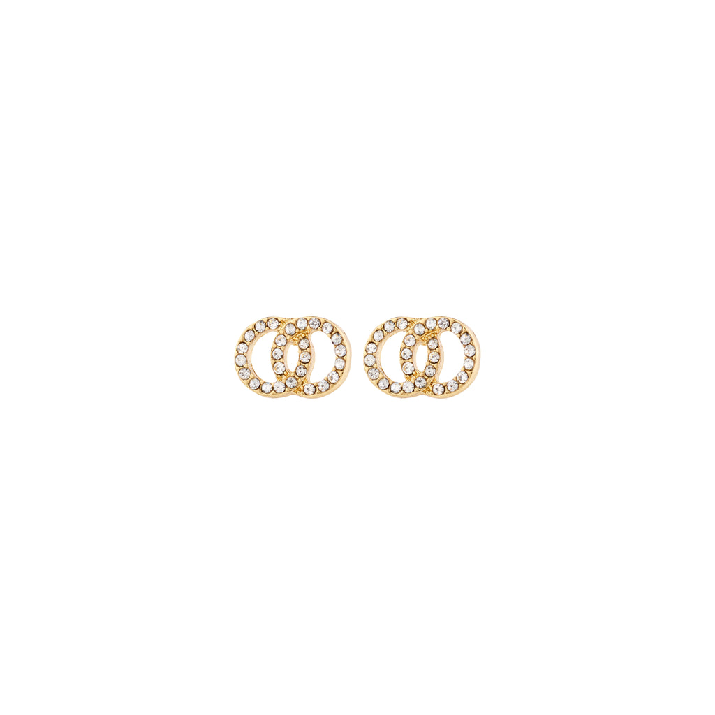 JOLINA recycled earrings, gold-plated, featuring two intertwined halos adorned with sparkling Preciosa crystals, highlighting Pilgrim's commitment to sustainable, stylish design.