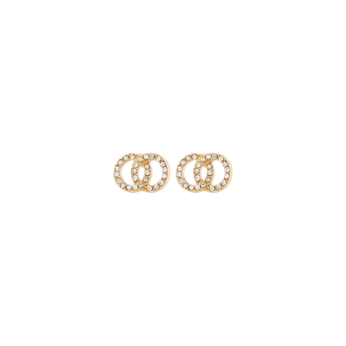 JOLINA recycled earrings, gold-plated, featuring two intertwined halos adorned with sparkling Preciosa crystals, highlighting Pilgrim's commitment to sustainable, stylish design.