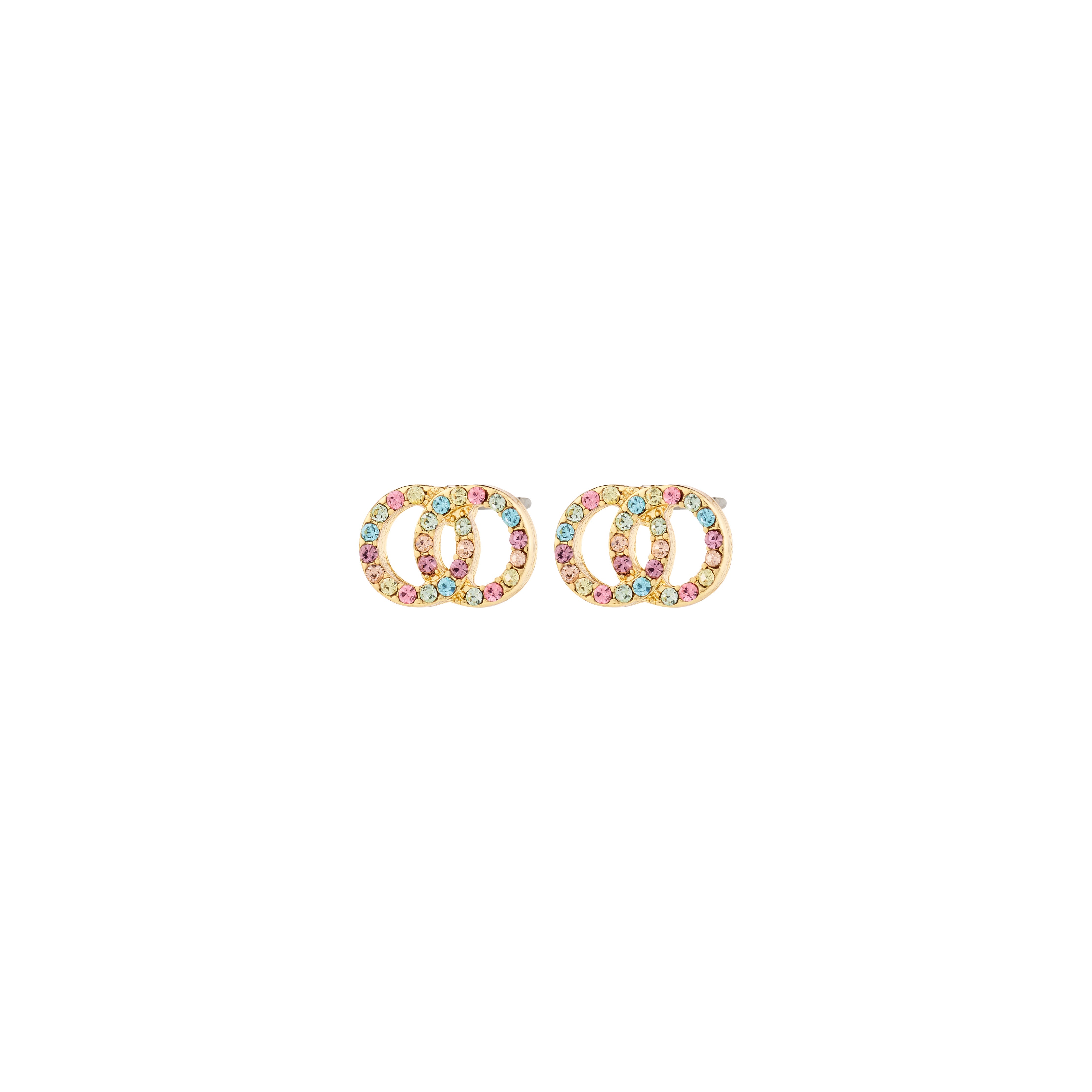JOLINA recycled earrings: gold-plated, multi-colour, featuring intertwined halos with Preciosa crystals, perfect for adding vibrant sparkle to your look.