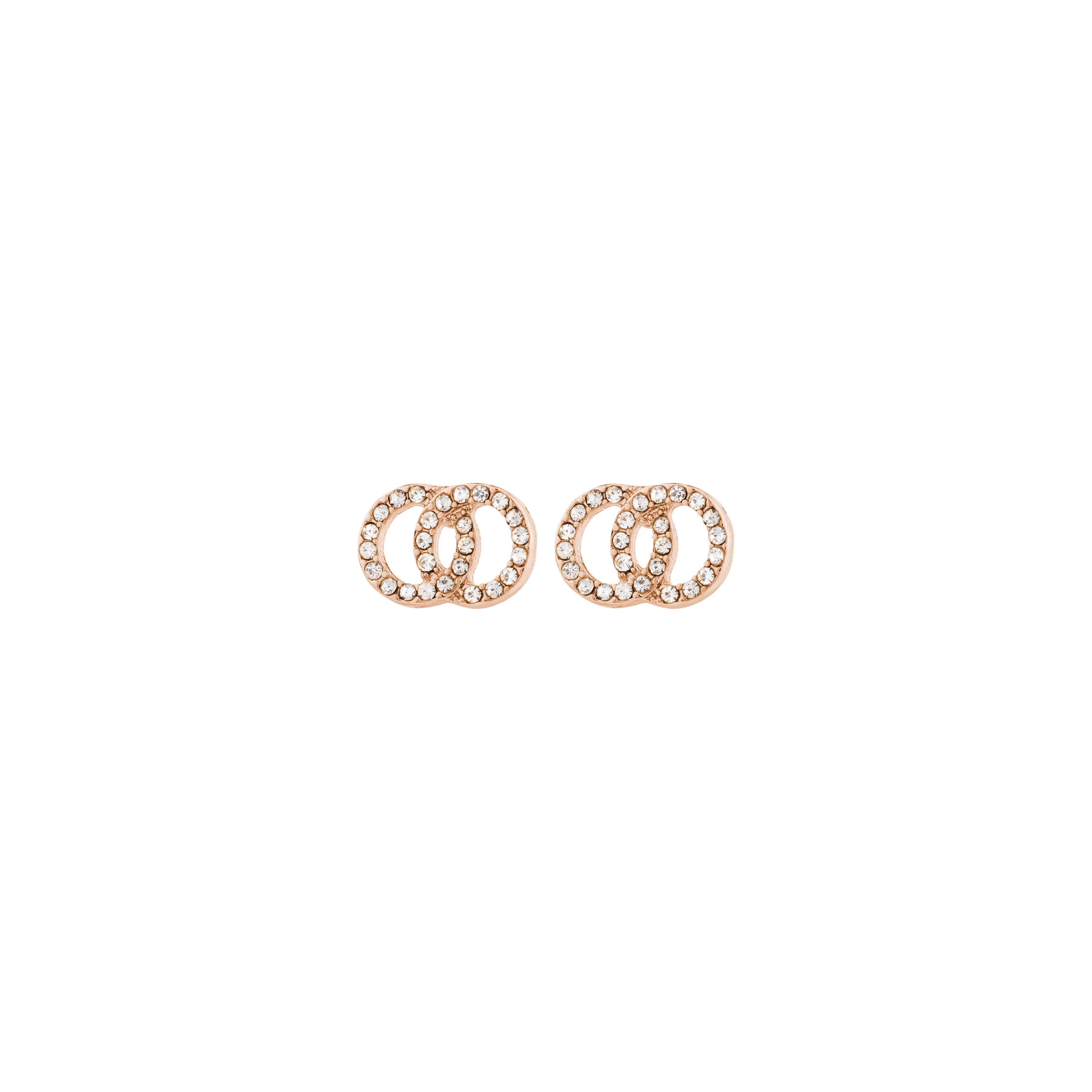 JOLINA recycled earrings, rose gold-plated, feature intertwined halos adorned with sparkling Preciosa crystals, combining sustainable elegance with timeless design.
