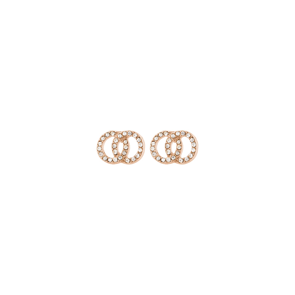 JOLINA recycled earrings, rose gold-plated, feature intertwined halos adorned with sparkling Preciosa crystals, combining sustainable elegance with timeless design.