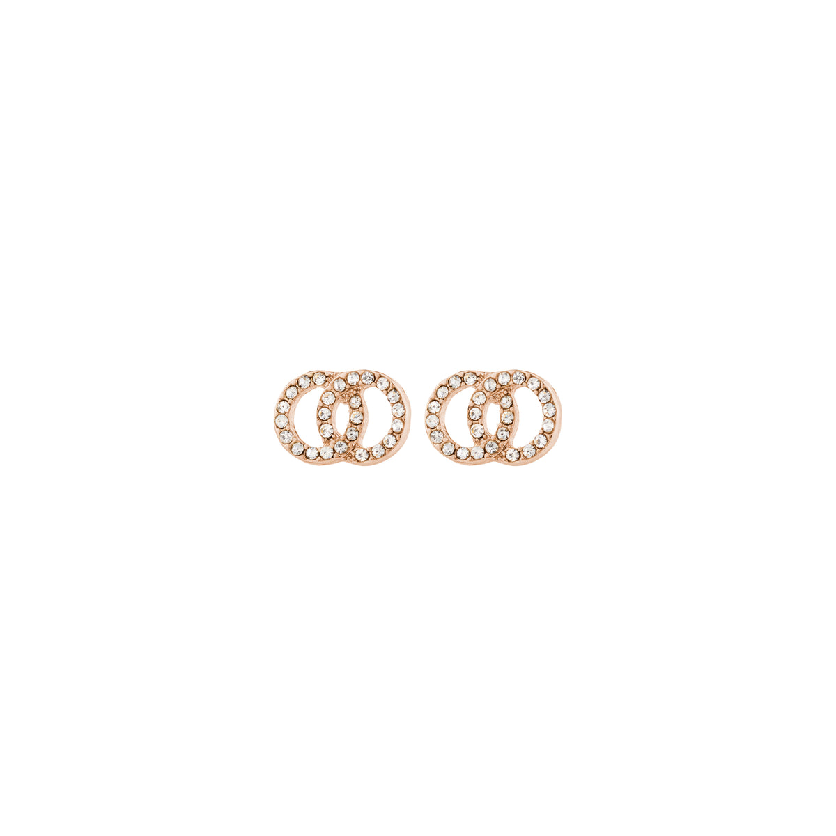 JOLINA recycled earrings, rose gold-plated, feature intertwined halos adorned with sparkling Preciosa crystals, combining sustainable elegance with timeless design.