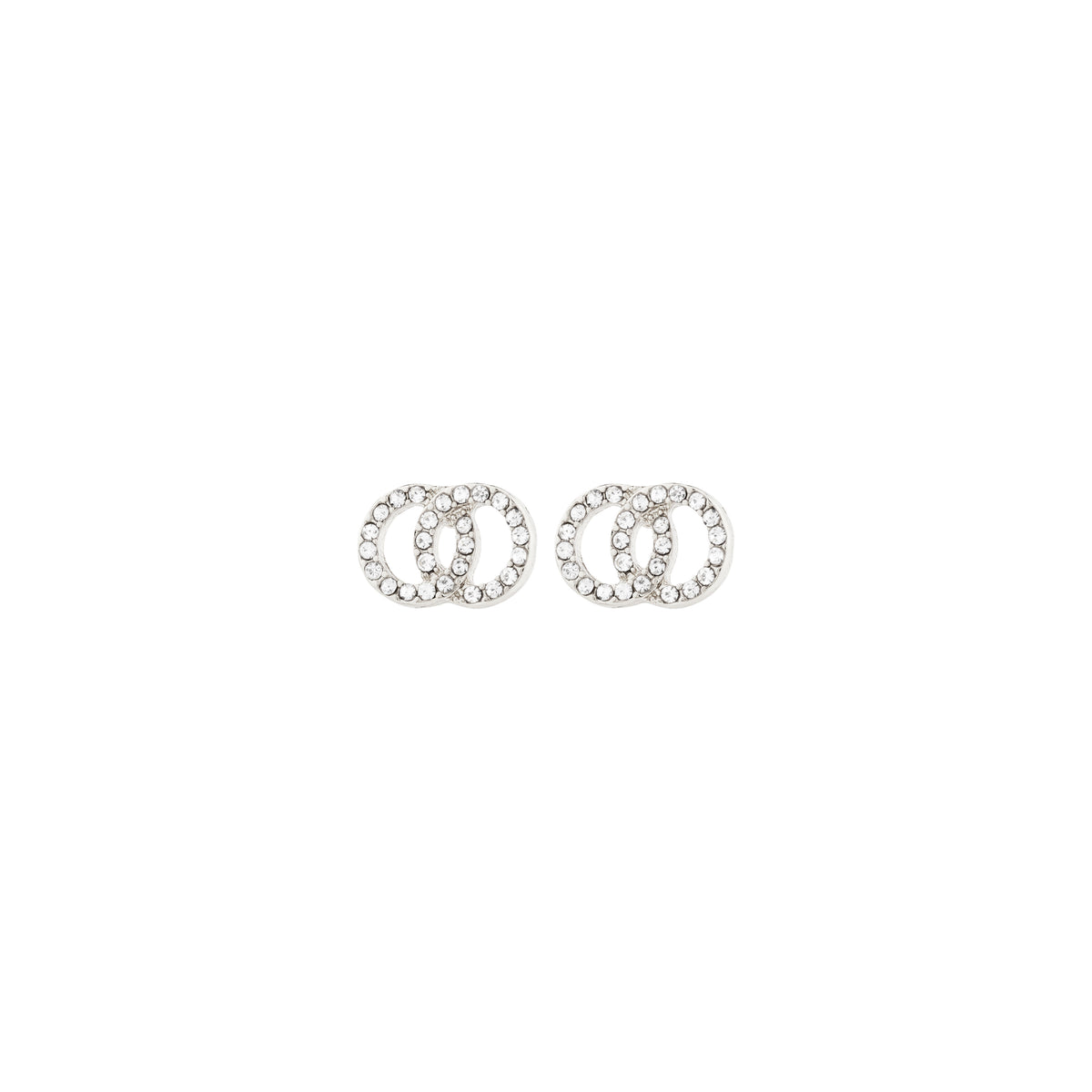 JOLINA recycled earrings, silver-plated, feature intertwined halos adorned with sparkling Preciosa crystals, reflecting Pilgrim's blend of timeless and trendy Danish design.