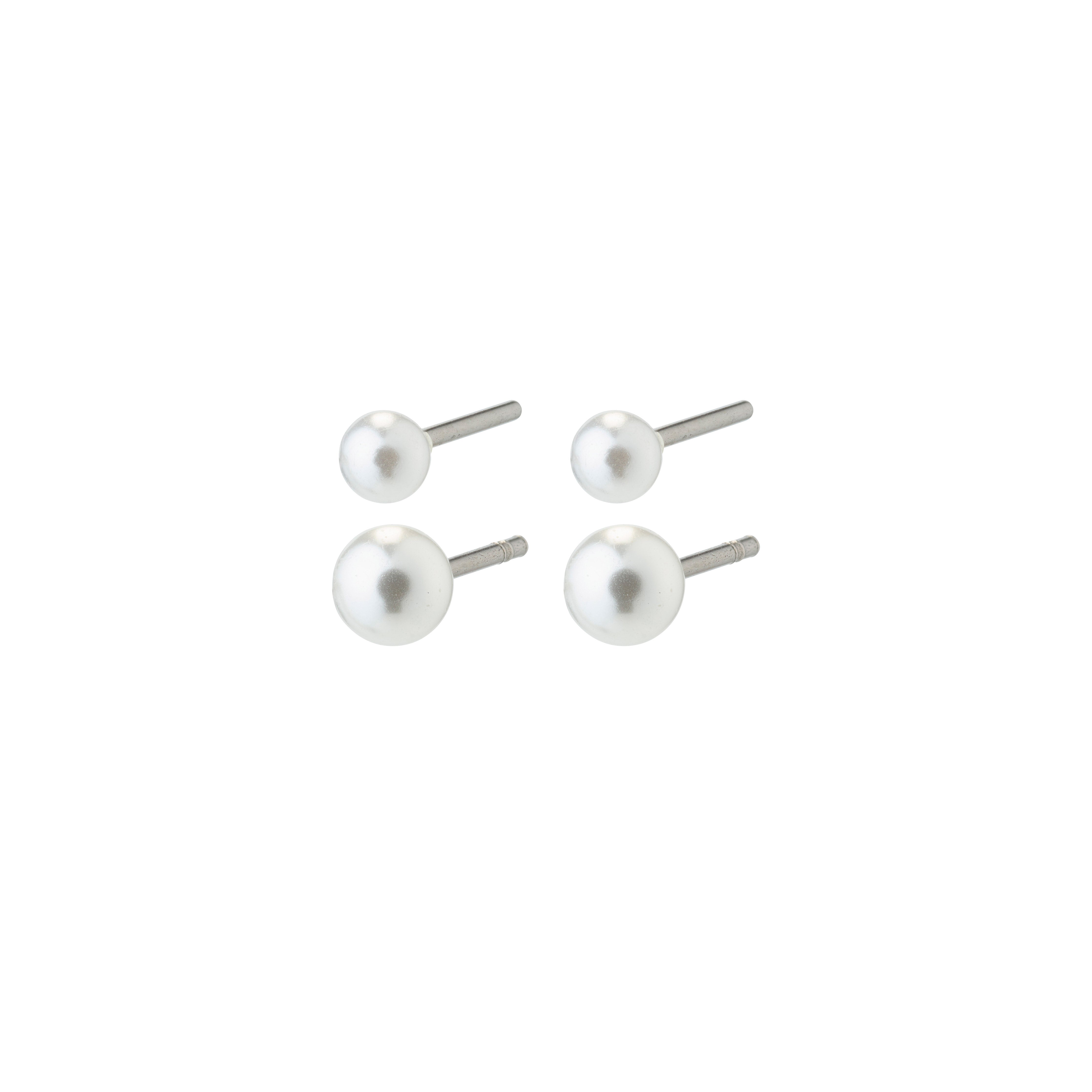 DAMARIS pearl earrings 2-in-1 set featuring silver studs with pearlescent glass beads, offering a timeless yet trendy accessory for versatile styling.