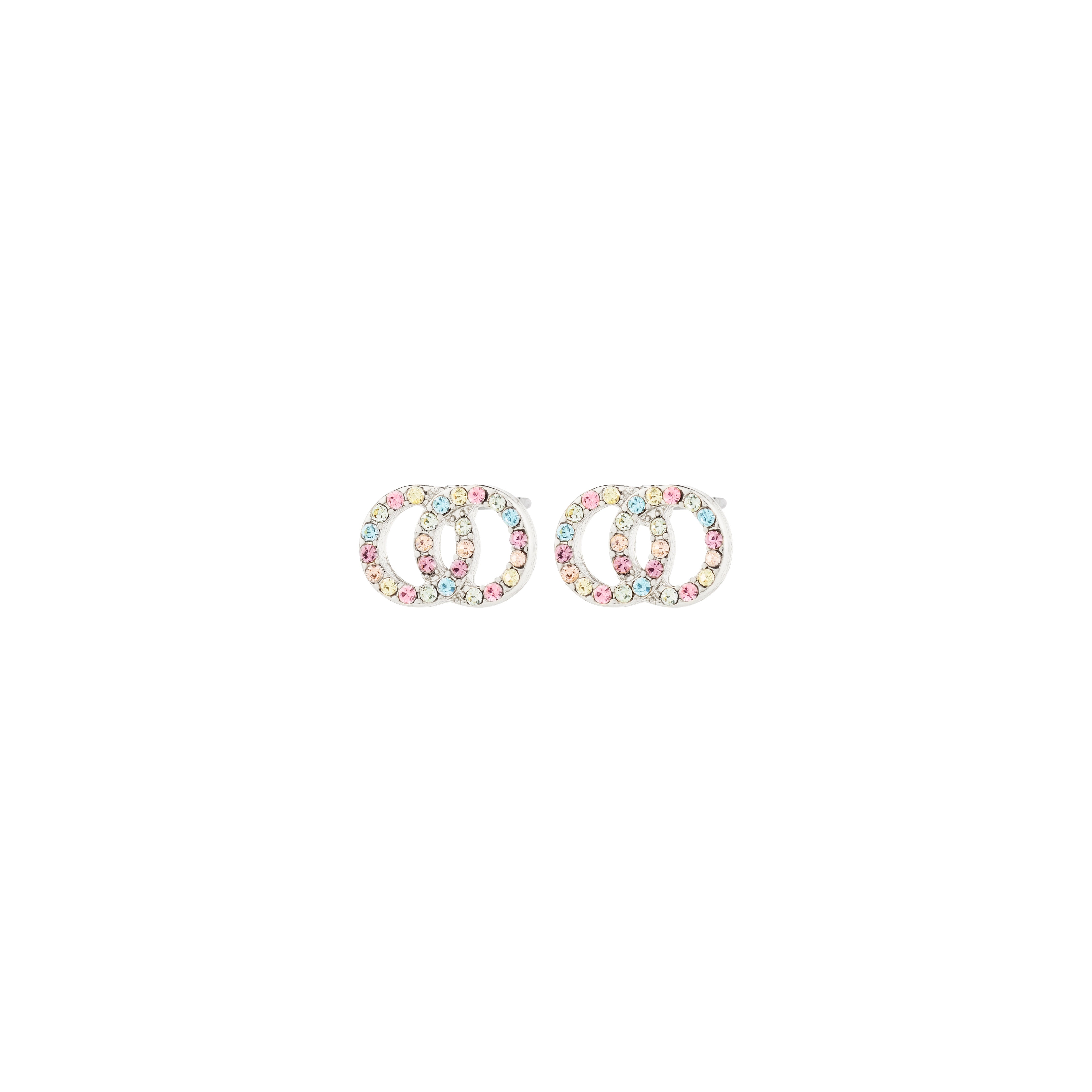JOLINA recycled earrings, silver-plated with intertwined halos, adorned with colorful Preciosa crystals, showcasing Pilgrim's blend of Scandinavian quality and modern style.