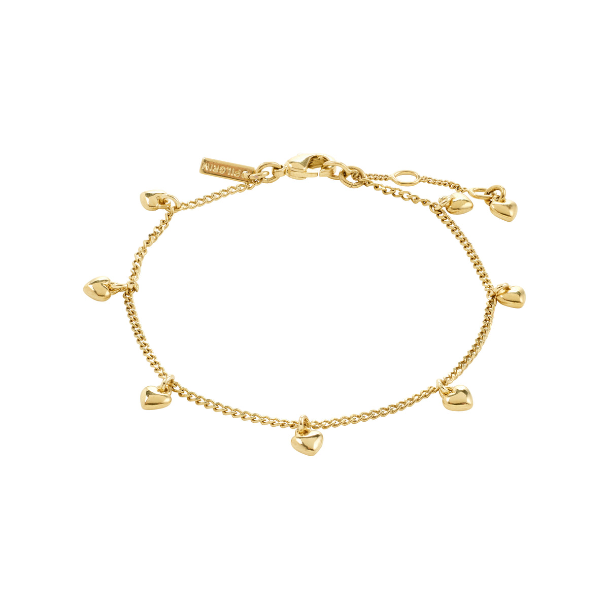 ALAIA bracelet gold-plated with eight small heart pendants, offering a romantic and playful touch, ideal for daily wear or special occasions.