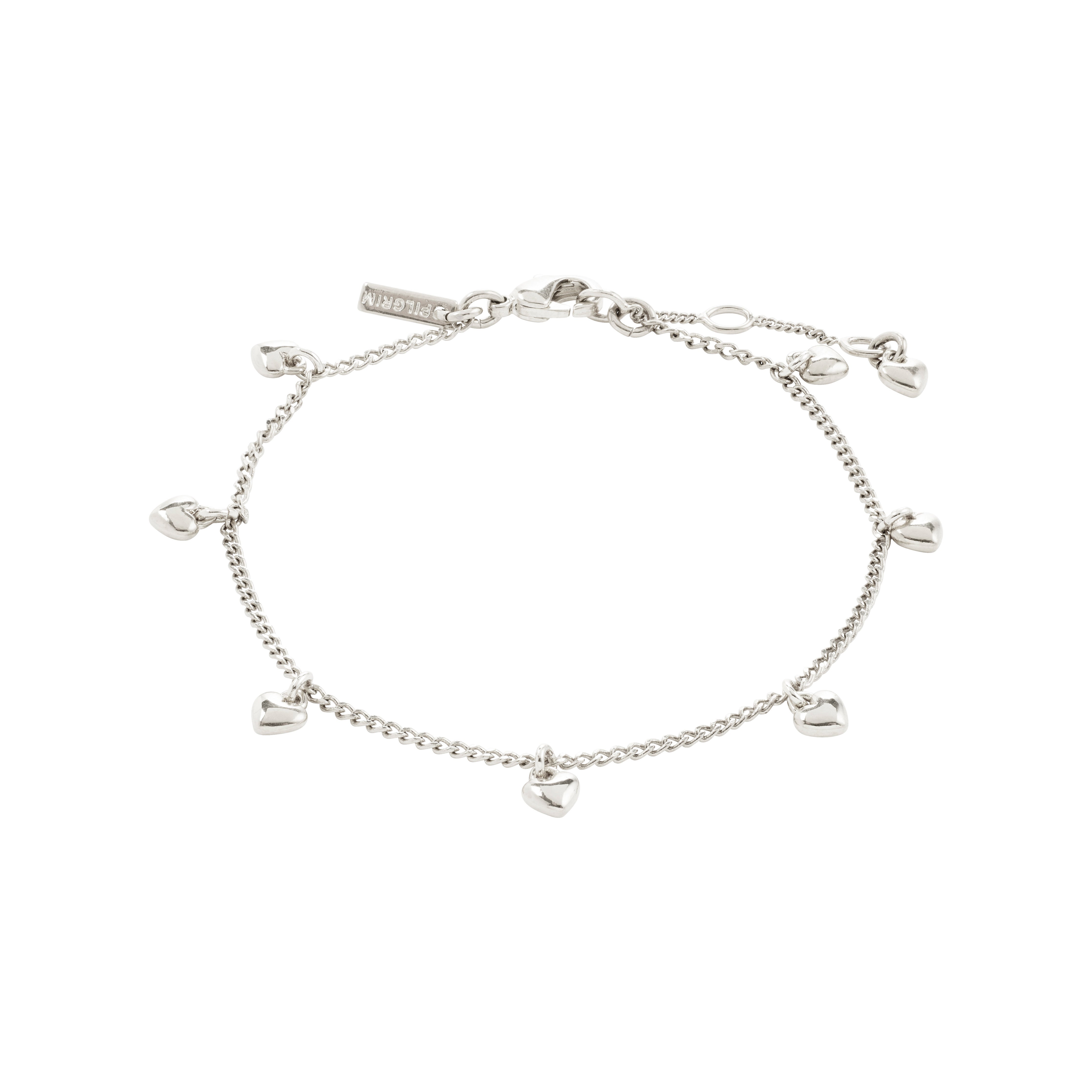 ALAIA bracelet: Slim silver-plated curb chain featuring eight tiny heart pendants, perfect for a romantic, playful look in daily wear or special occasions.