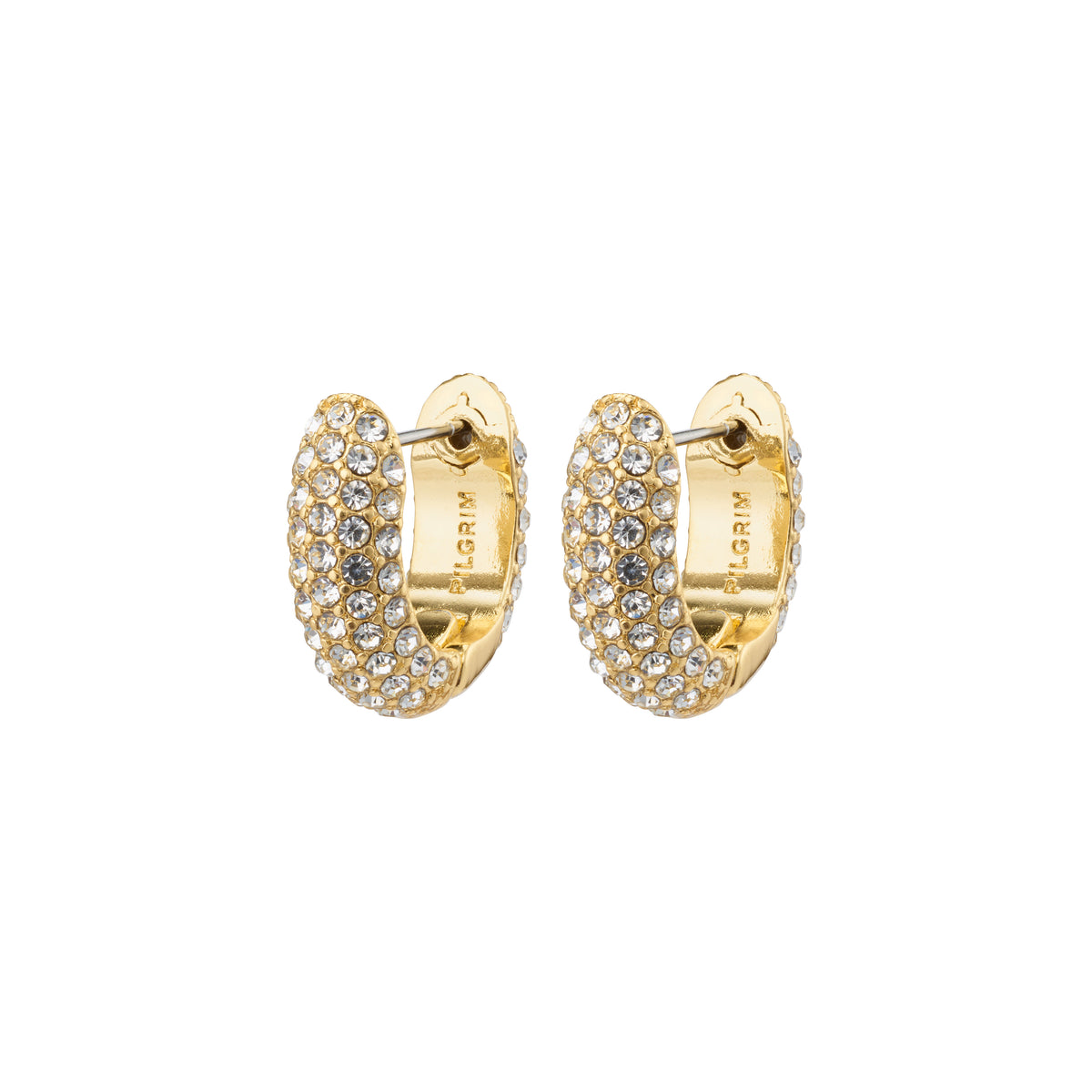 LONA chunky crystal huggie hoops, gold-plated, featuring sparkling Preciosa crystals, crafted from 98% recycled materials for an exclusive, classy look.