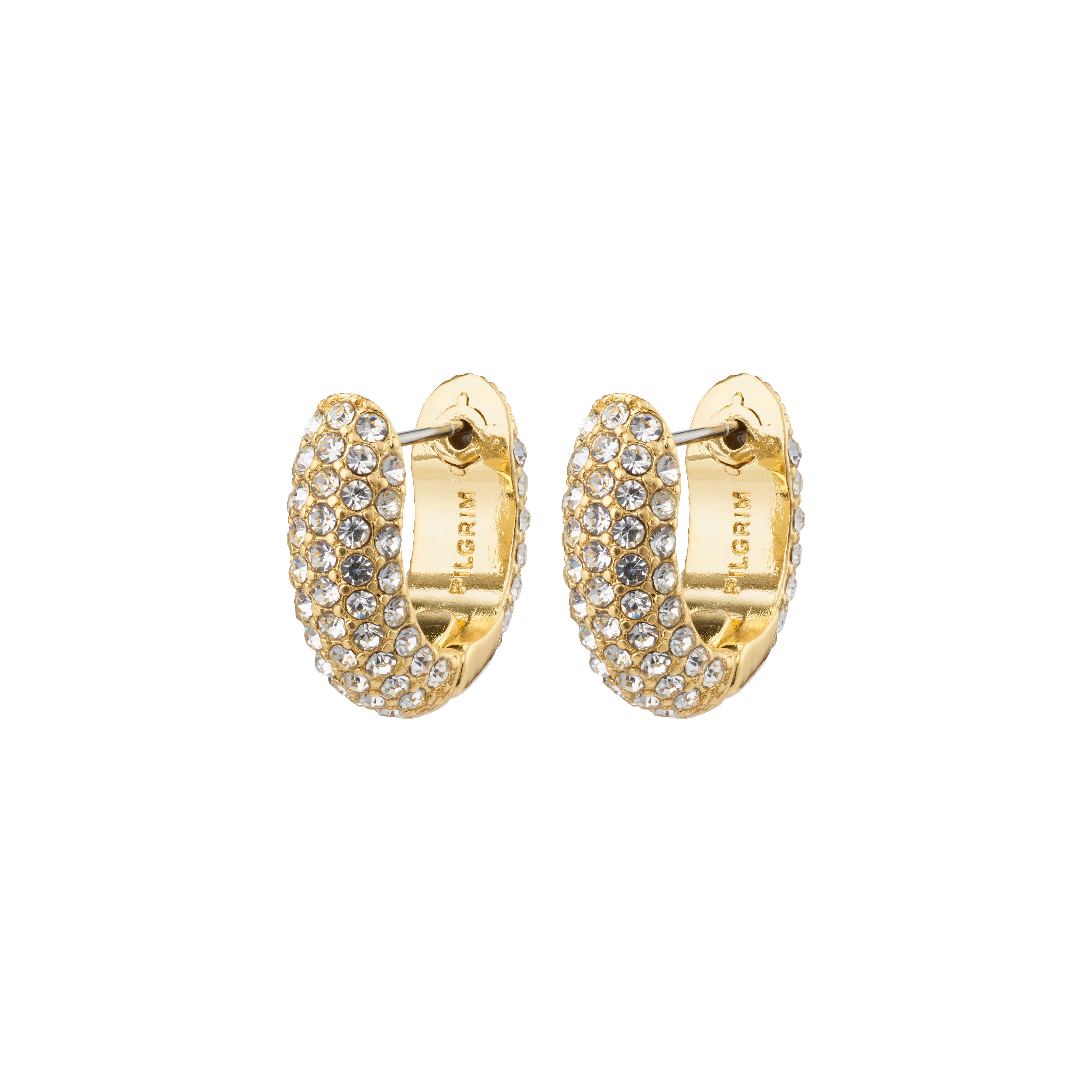 LONA chunky crystal huggie hoops, gold-plated, featuring sparkling Preciosa crystals, crafted from 98% recycled materials for an exclusive, classy look.