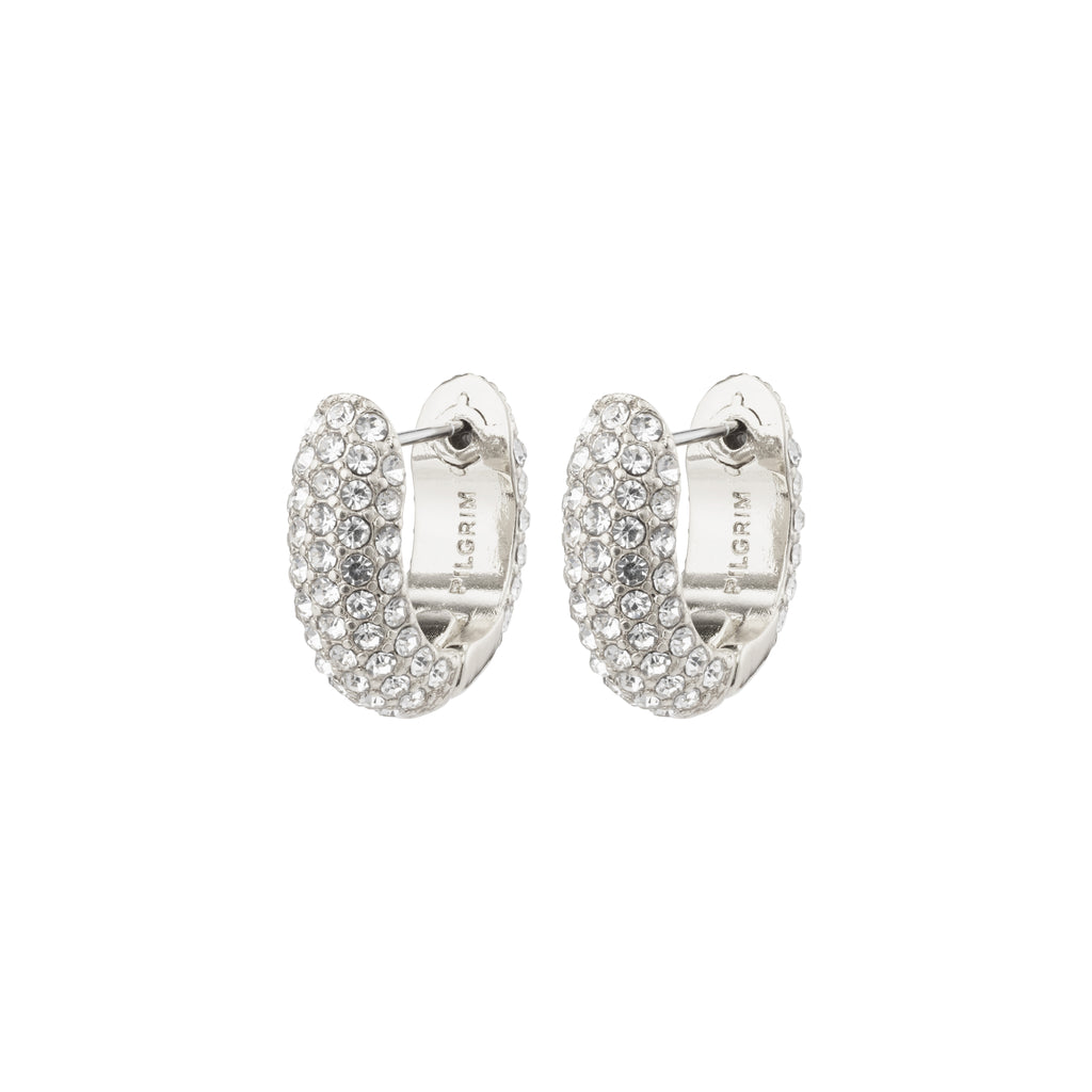 LONA chunky crystal huggie hoops in silver-plated finish, featuring sparkling Preciosa crystals, crafted from 98% recycled materials for an exclusive and classy look.