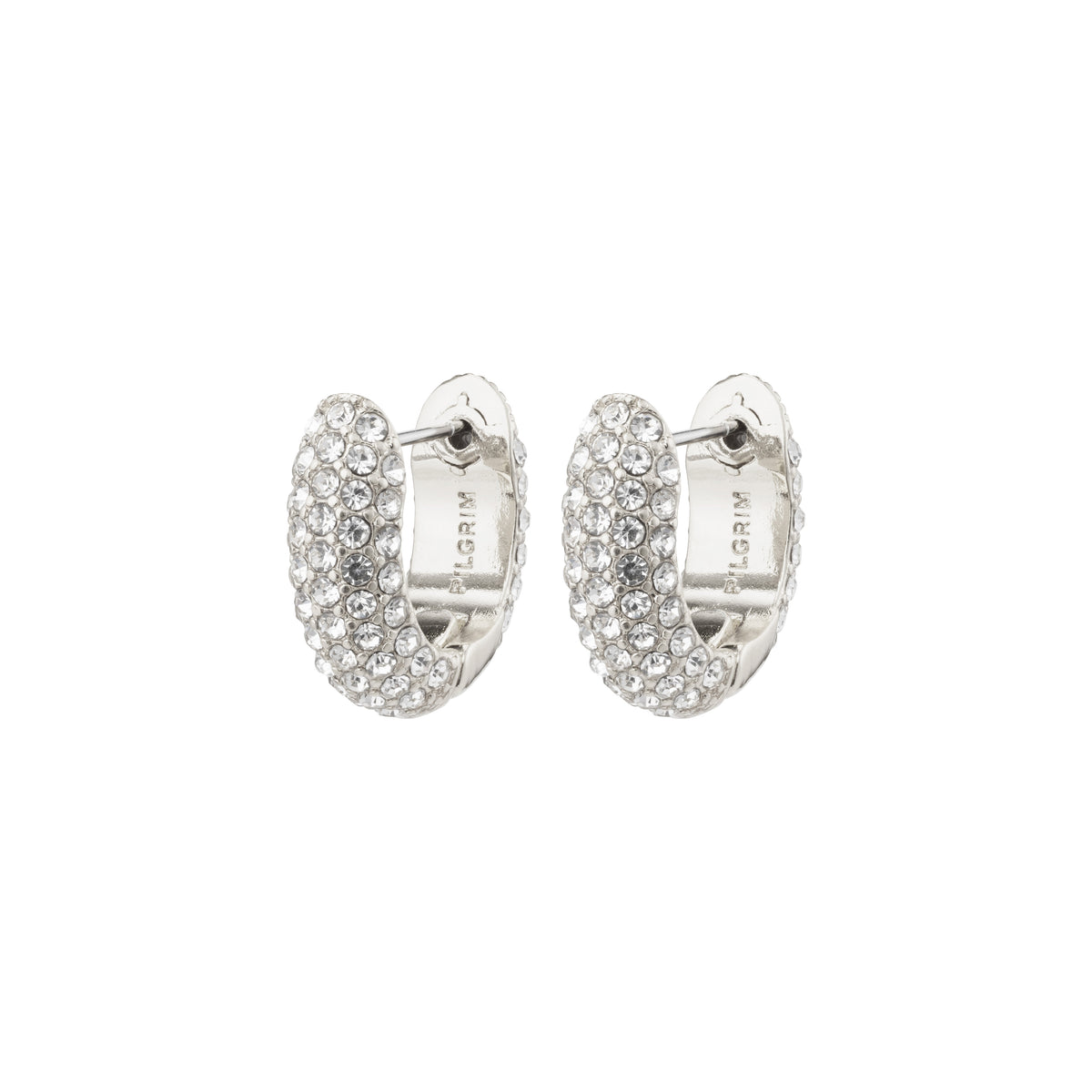 LONA chunky crystal huggie hoops in silver-plated finish, featuring sparkling Preciosa crystals, crafted from 98% recycled materials for an exclusive and classy look.