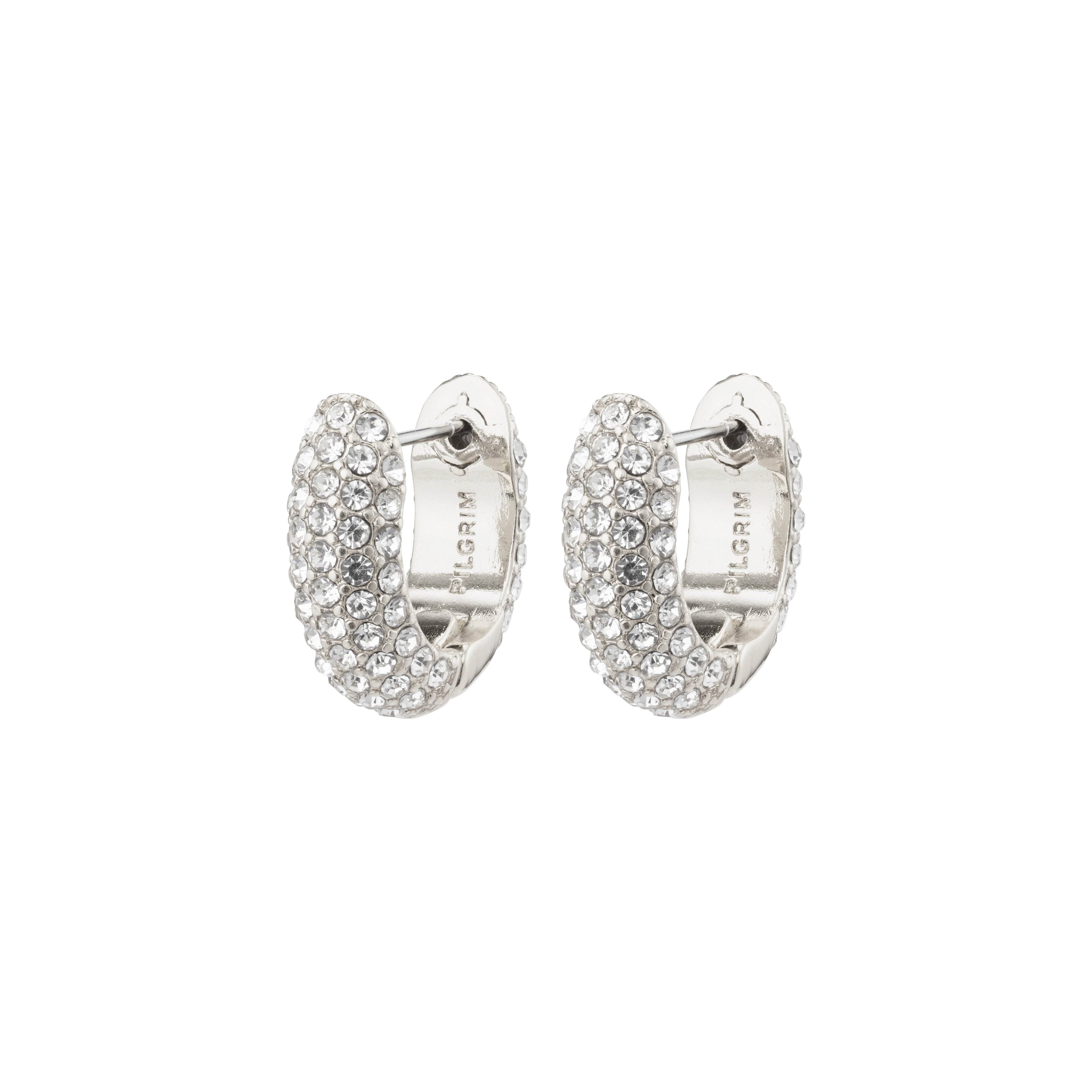 LONA chunky crystal huggie hoops in silver-plated finish, featuring sparkling Preciosa crystals, crafted from 98% recycled materials for an exclusive and classy look.