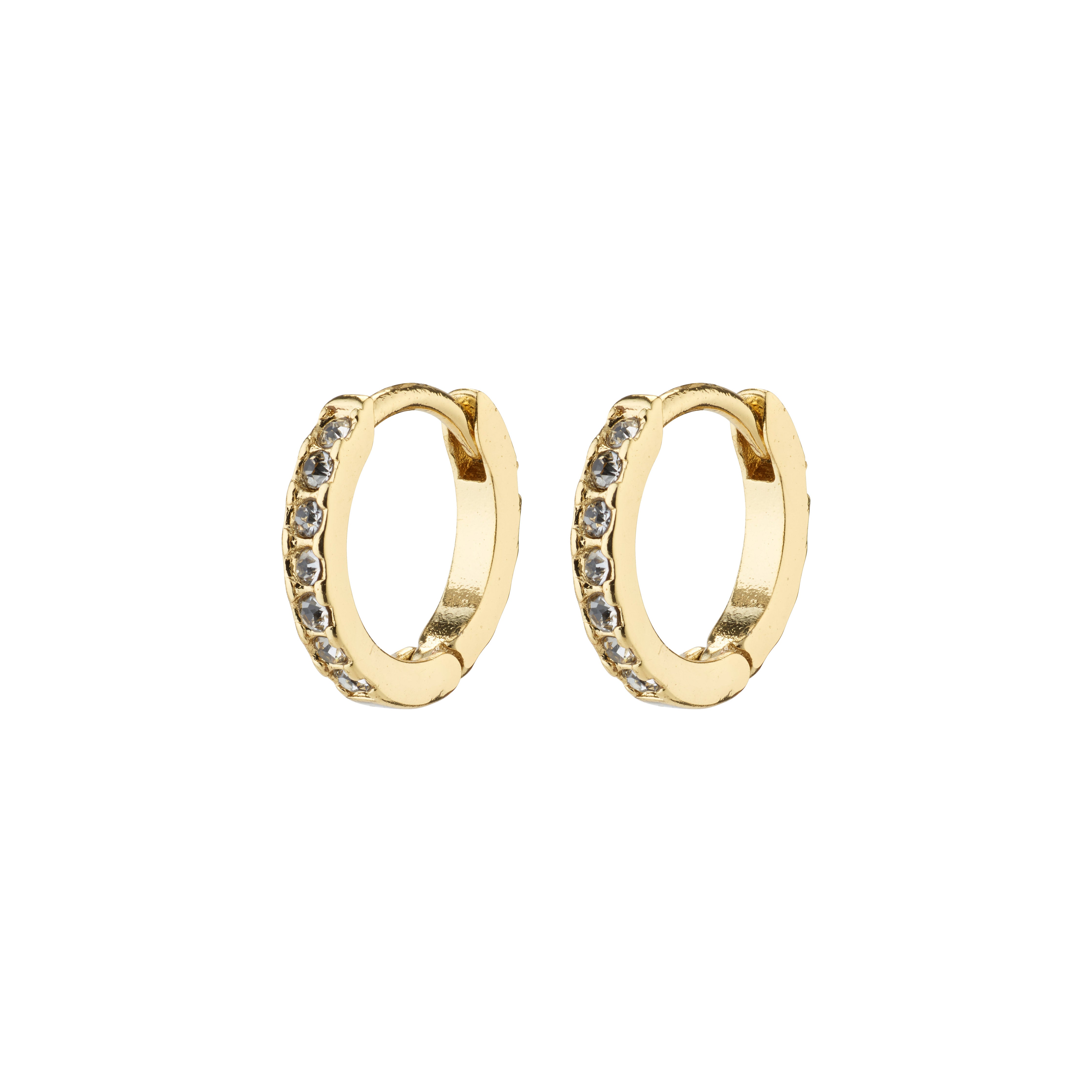 EBNA mini crystal huggie hoops, gold-plated, adorned with clear Preciosa crystals, featuring a smart click lock, perfect for adding subtle sparkle to any outfit.