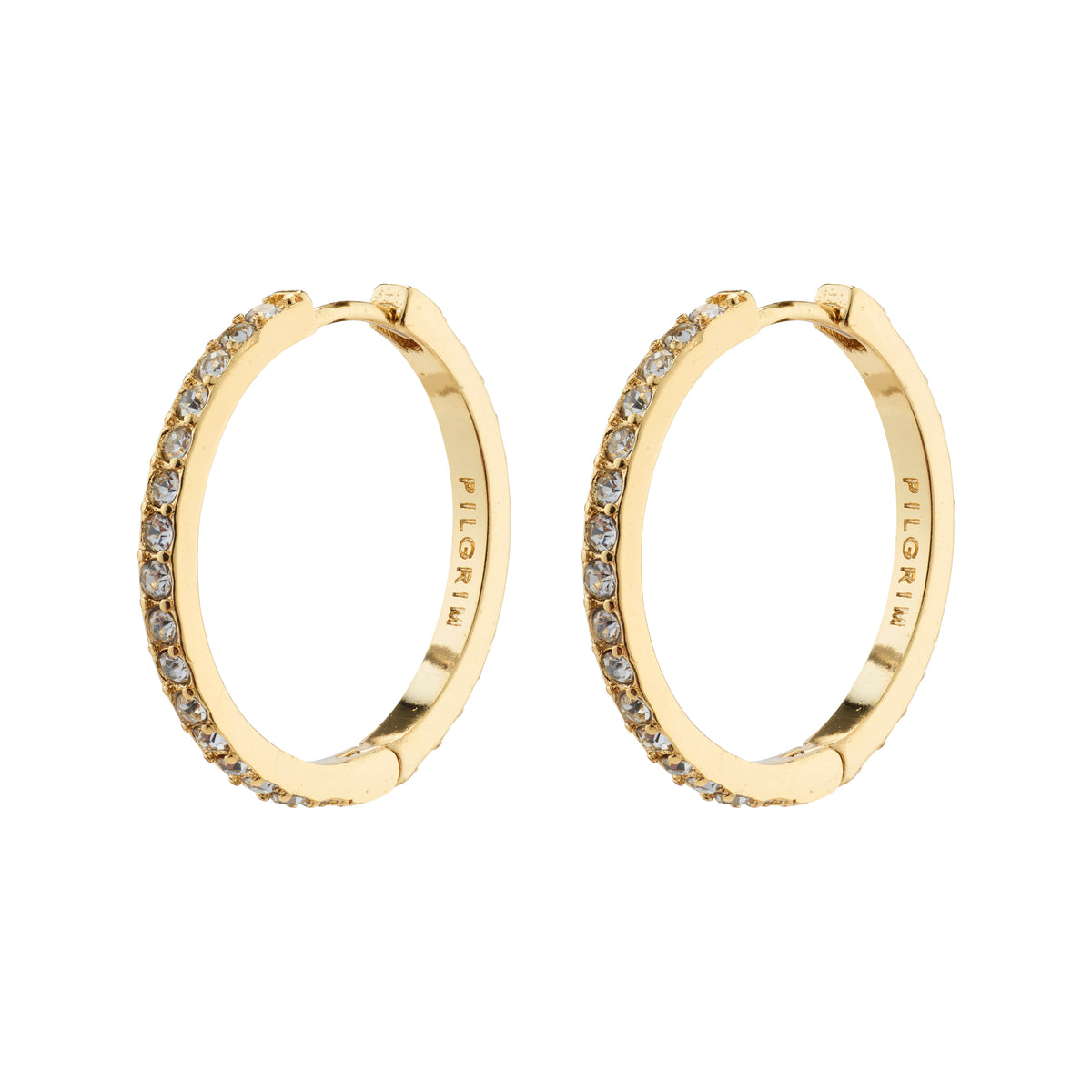 EBNA large crystal hoops, gold-plated, from Pilgrim, featuring shimmering crystals and a smart click lock for easy wear, perfect for adding sparkle to festive outfits.