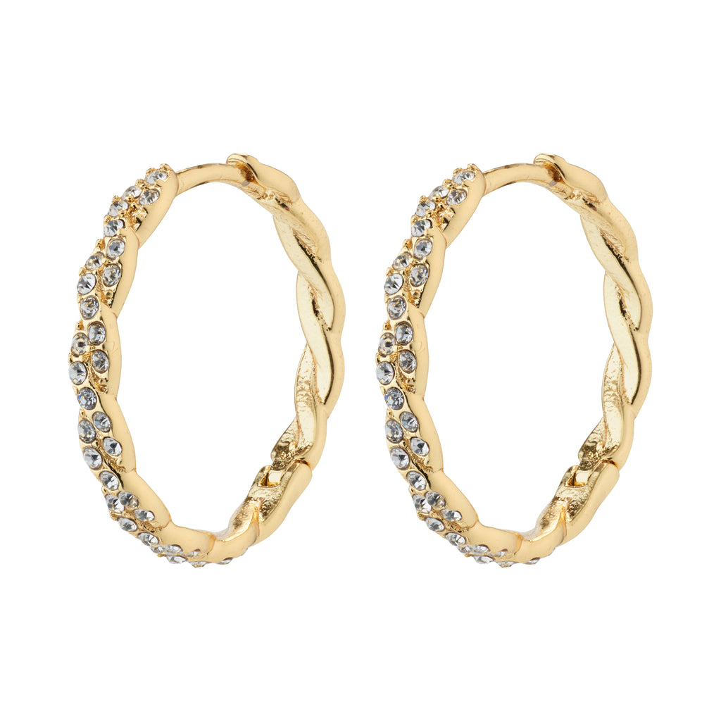 Gold-plated EZO twirled crystal hoops featuring fine twisted details and Preciosa crystals, showcasing a braided silhouette with a smart click lock for easy wear.