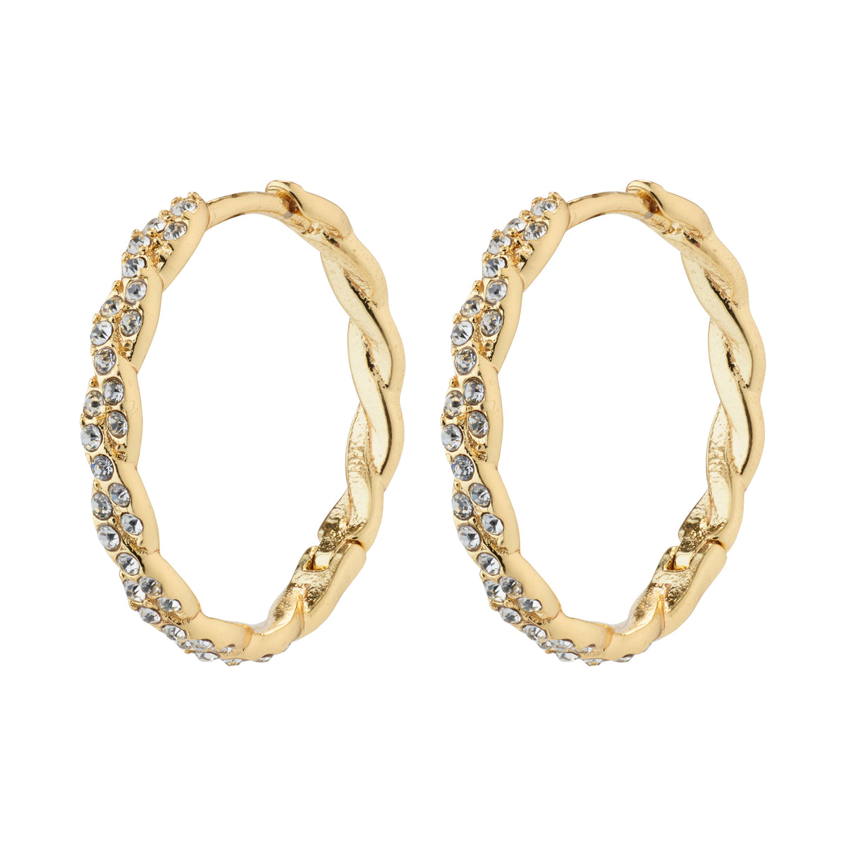 Gold-plated EZO twirled crystal hoops featuring fine twisted details and Preciosa crystals, showcasing a braided silhouette with a smart click lock for easy wear.