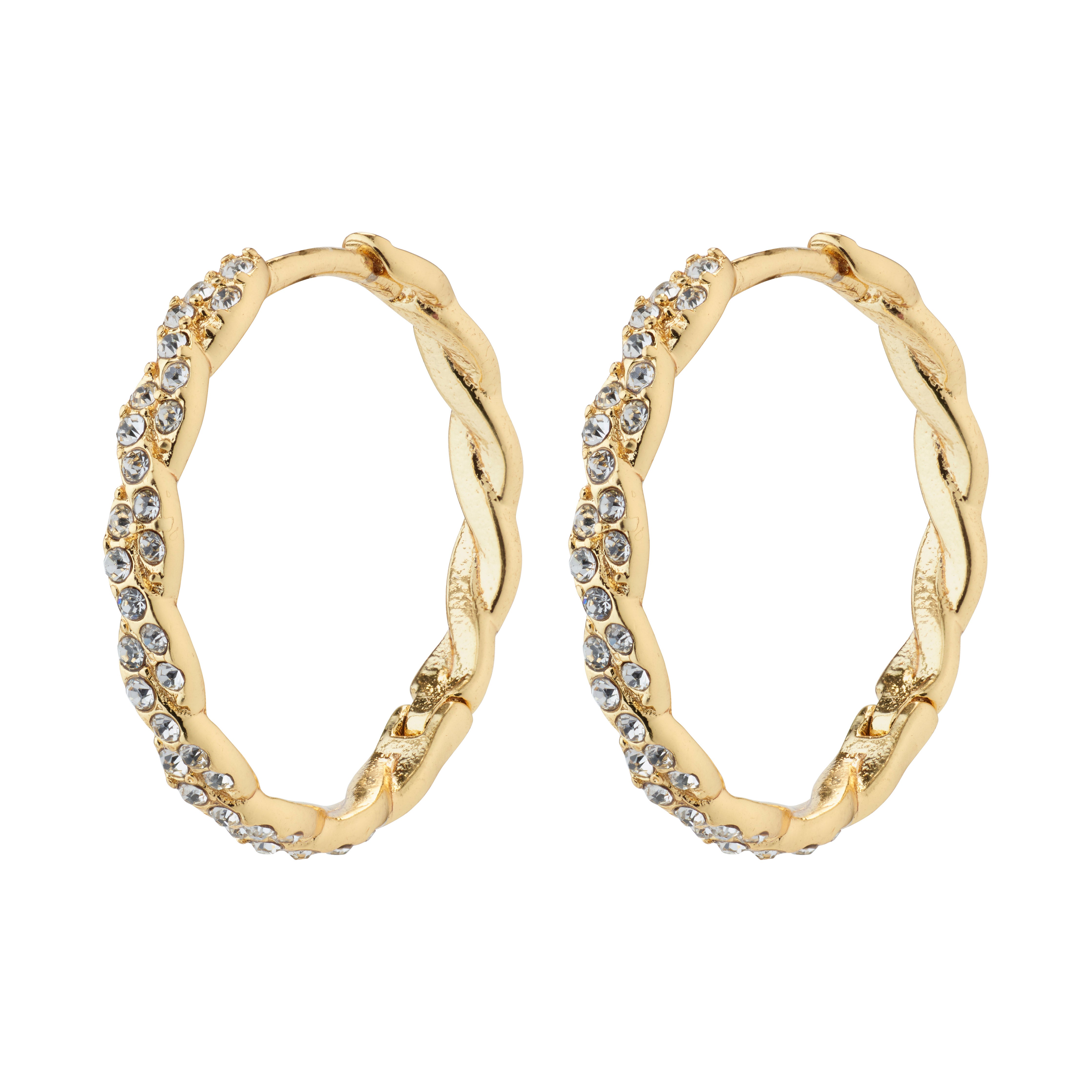 Gold-plated EZO twirled crystal hoops featuring fine twisted details and Preciosa crystals, showcasing a braided silhouette with a smart click lock for easy wear.
