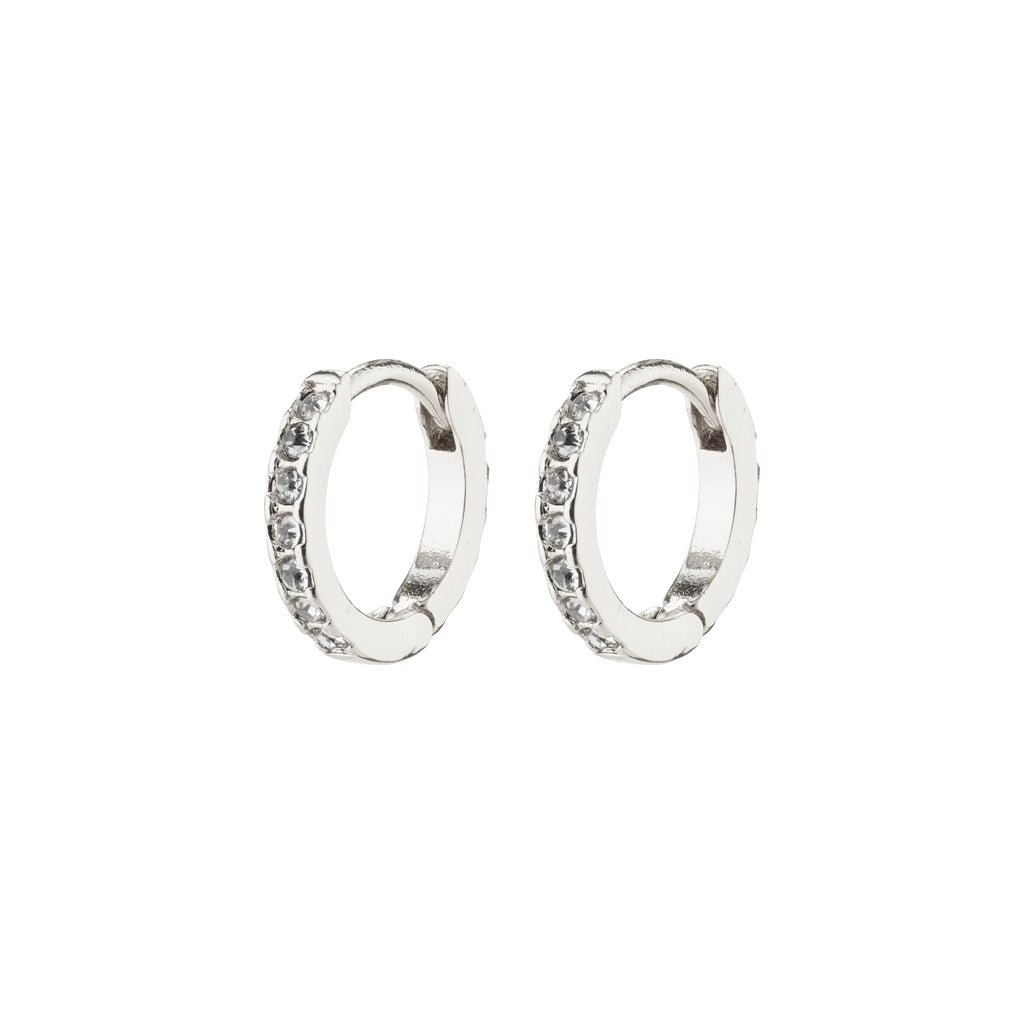 EBNA mini crystal huggie hoops, silver-plated earrings with Preciosa crystals, feature a smart click lock for easy wear, offering subtle elegance and sparkle.