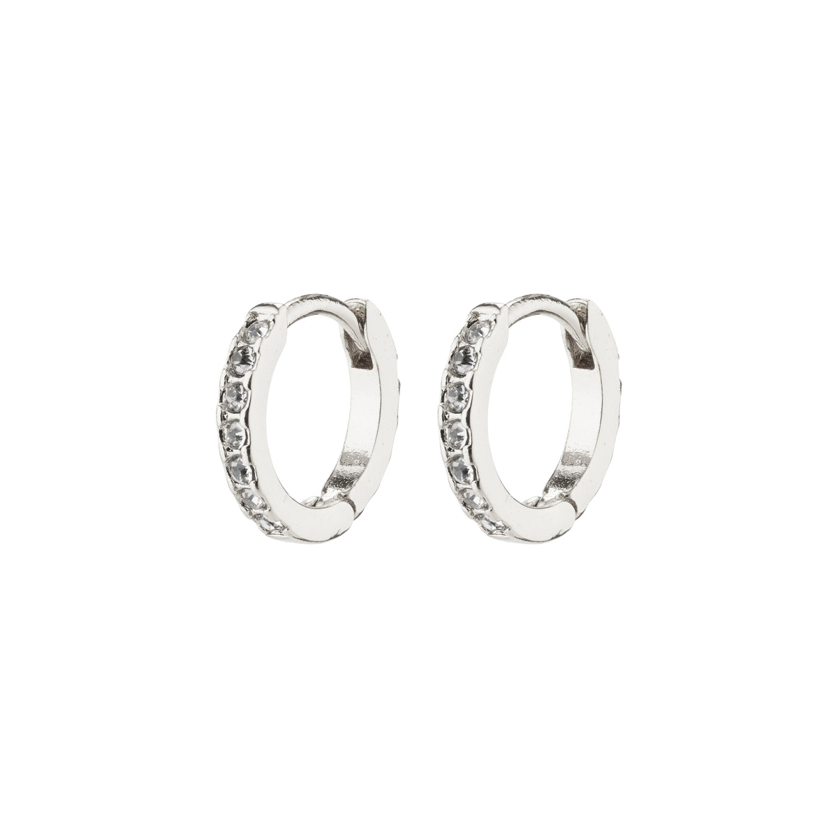 EBNA mini crystal huggie hoops, silver-plated earrings with Preciosa crystals, feature a smart click lock for easy wear, offering subtle elegance and sparkle.