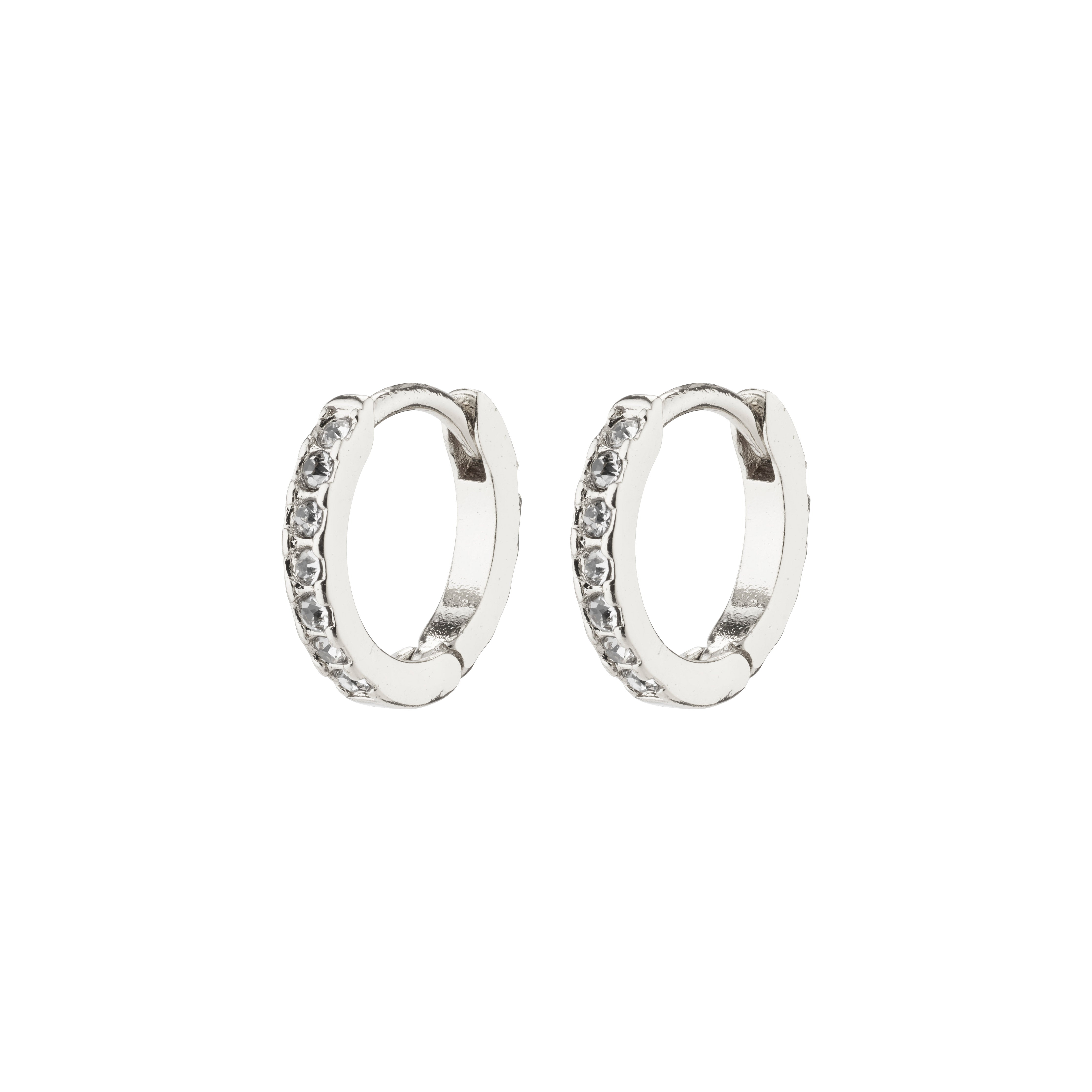 EBNA mini crystal huggie hoops, silver-plated earrings with Preciosa crystals, feature a smart click lock for easy wear, offering subtle elegance and sparkle.