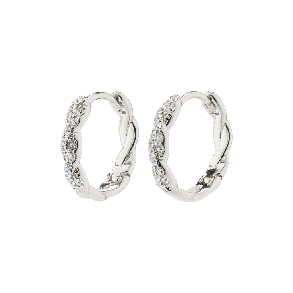 EZO twirled crystal hoops silver-plated with twisted details and Preciosa crystals, showcasing a braided silhouette and shiny finish, perfect for a classy, upscale look.