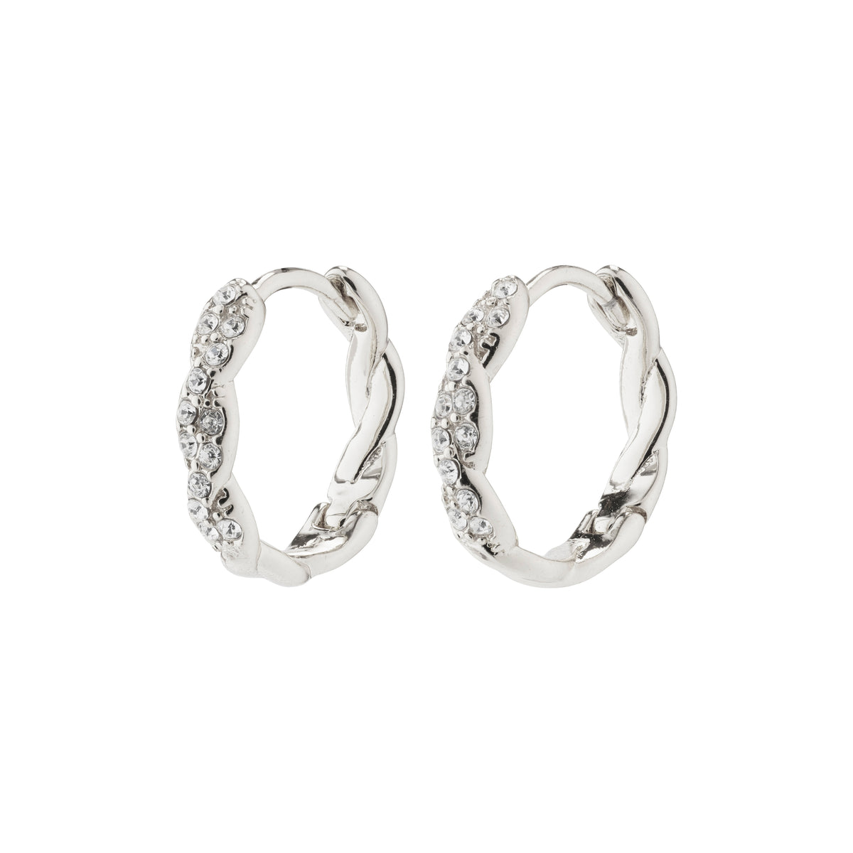 EZO twirled crystal hoops silver-plated with twisted details and Preciosa crystals, showcasing a braided silhouette and shiny finish, perfect for a classy, upscale look.