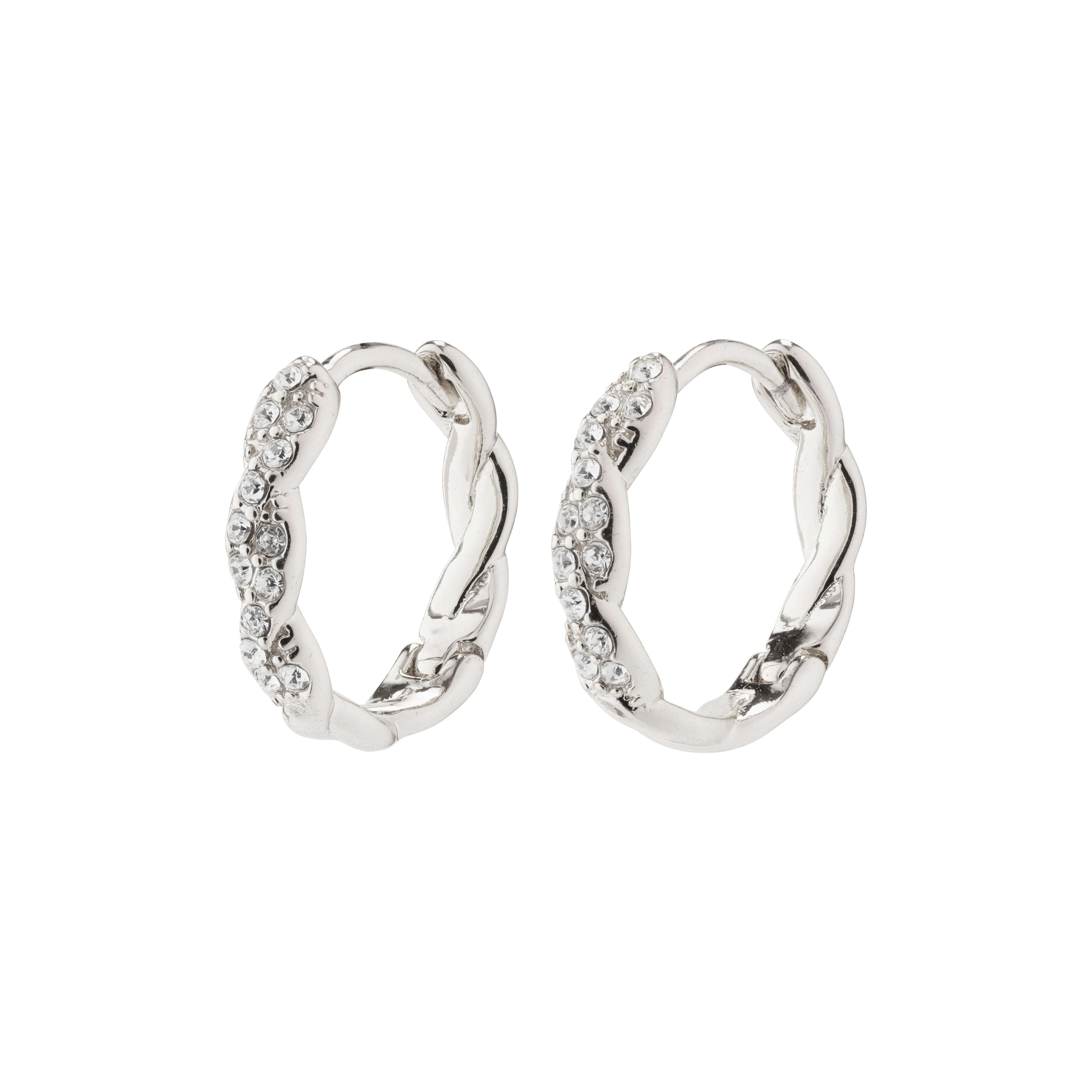 EZO twirled crystal hoops silver-plated with twisted details and Preciosa crystals, showcasing a braided silhouette and shiny finish, perfect for a classy, upscale look.