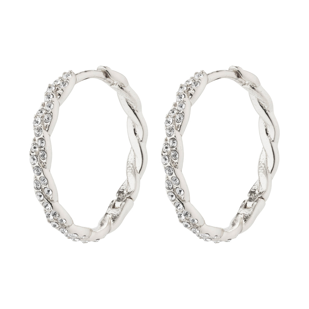 EZO twirled crystal hoops, silver-plated, with twisted details and Preciosa crystals, featuring a braided silhouette and smart click lock for easy wear.
