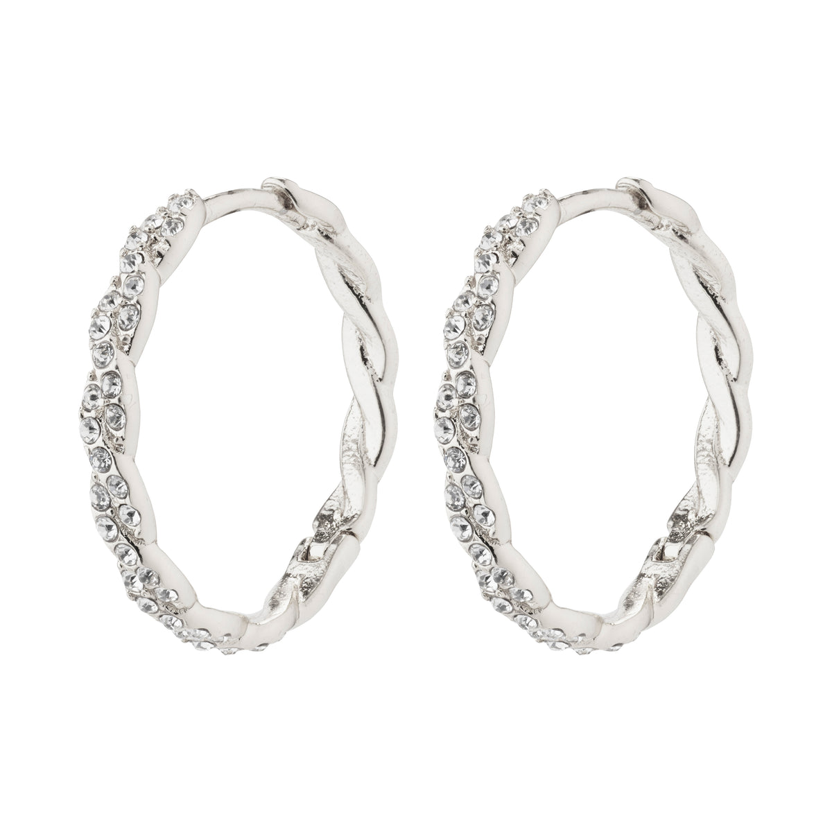 EZO twirled crystal hoops, silver-plated, with twisted details and Preciosa crystals, featuring a braided silhouette and smart click lock for easy wear.