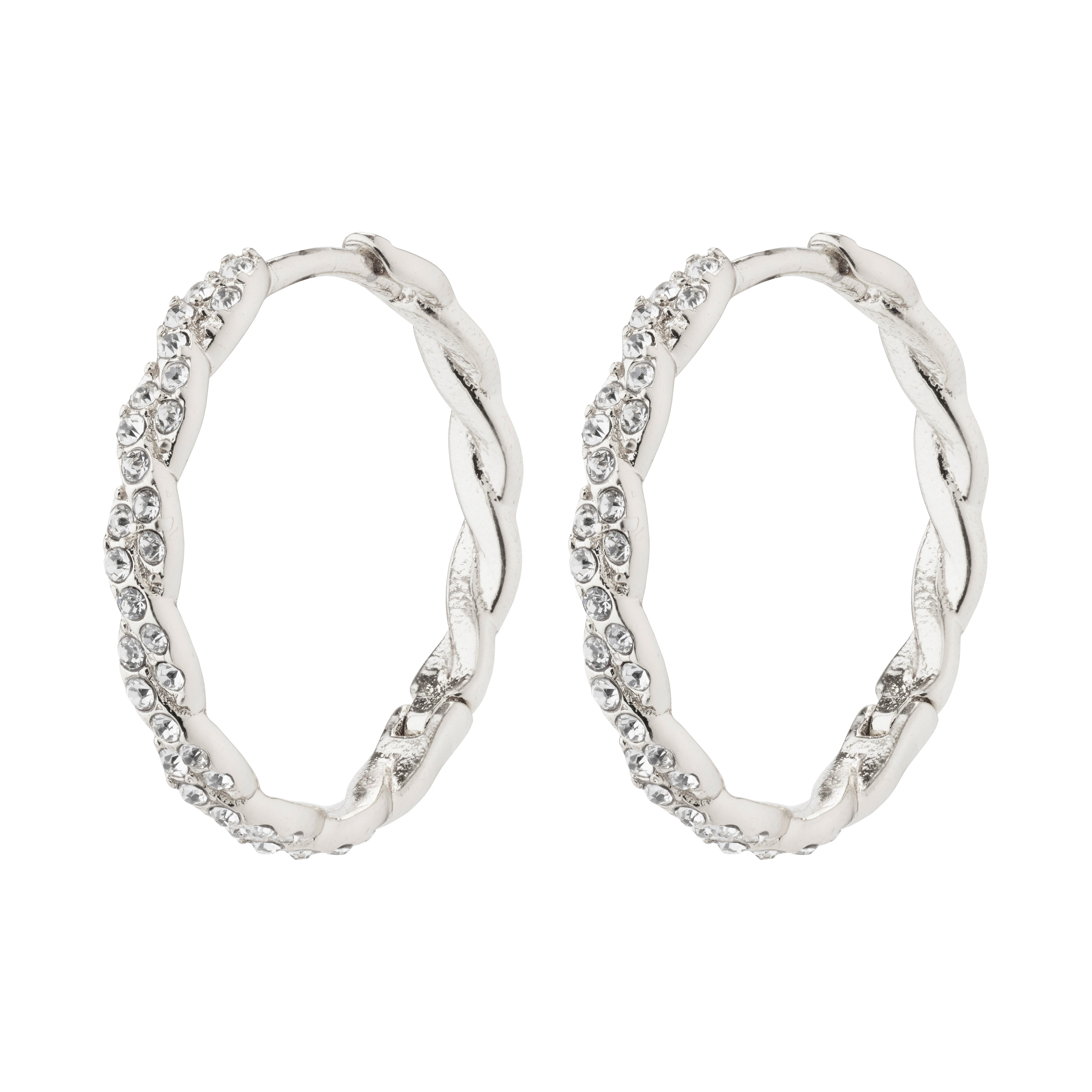 EZO twirled crystal hoops, silver-plated, with twisted details and Preciosa crystals, featuring a braided silhouette and smart click lock for easy wear.