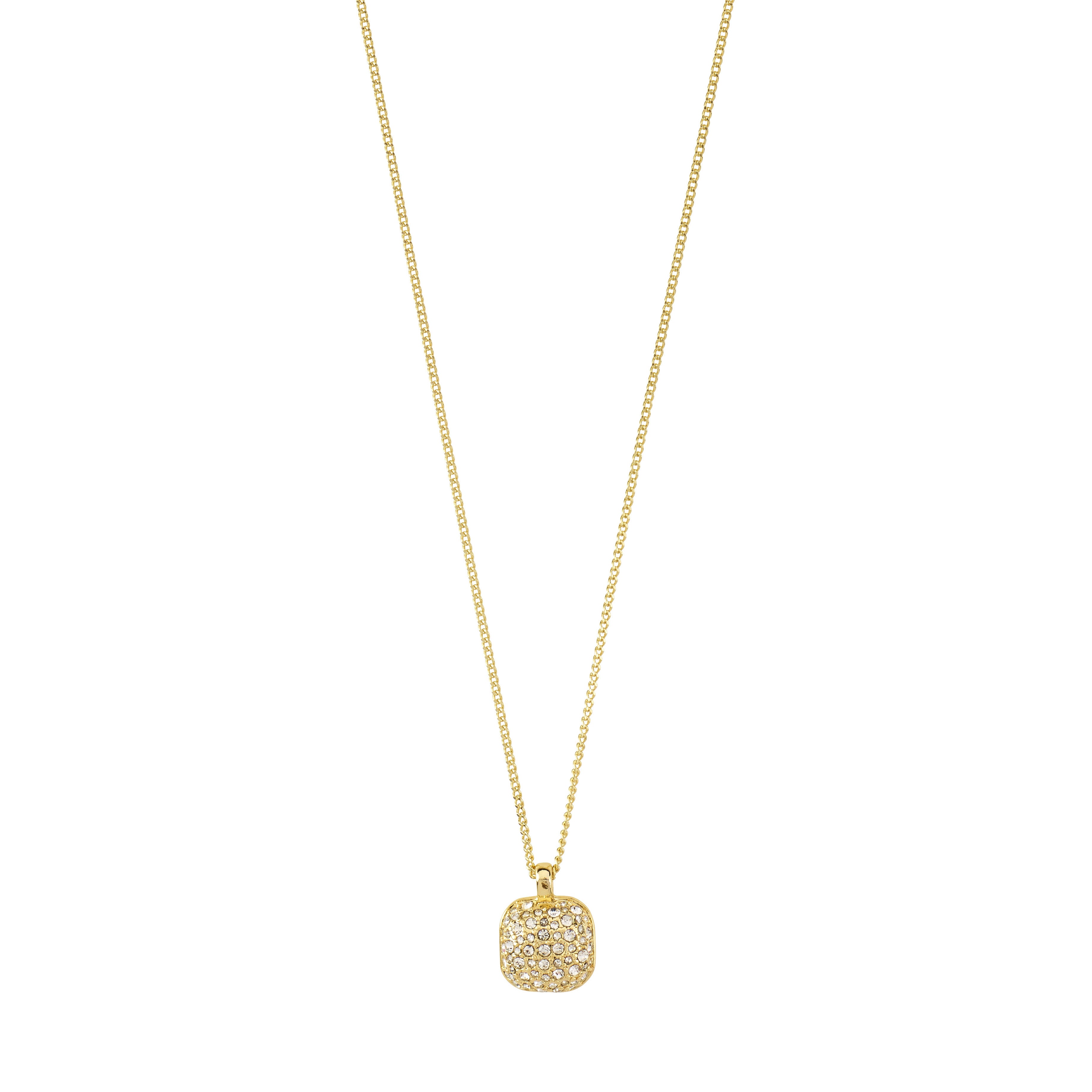 CINDY crystal pendant necklace gold-plated features a sleek chain with a square pendant adorned with sparkling Preciosa crystals, offering a stylish, recycled jewelry piece.
